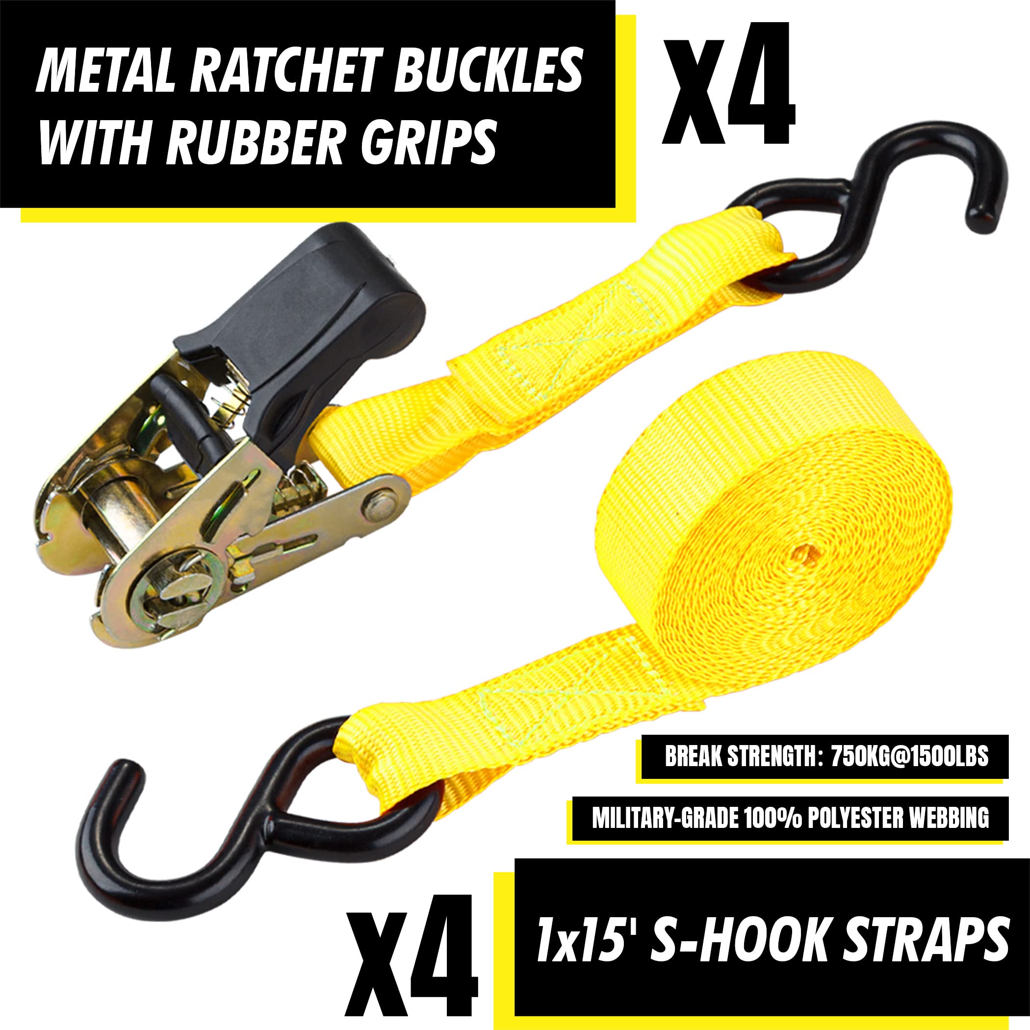 Cartman Ratchet Tie Down, 4Pk 15Ft, 500Lbs Load Cap/ 1500Lbs Break Strength, Cargo Straps For Moving Appliances, Lawn Equipment,