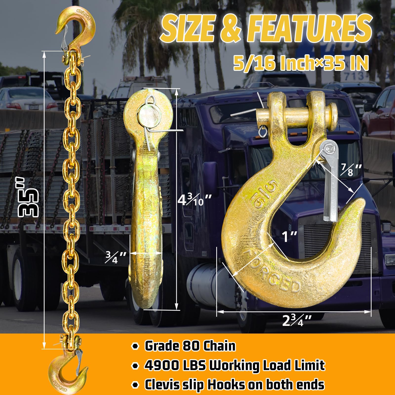 5/16'' Trailer Safety Chains With Hooks G80 Trailer Chains With 4 X G70 Clevis Safety Hooks 35'' 17000 Lbs Break Strength 4900 L