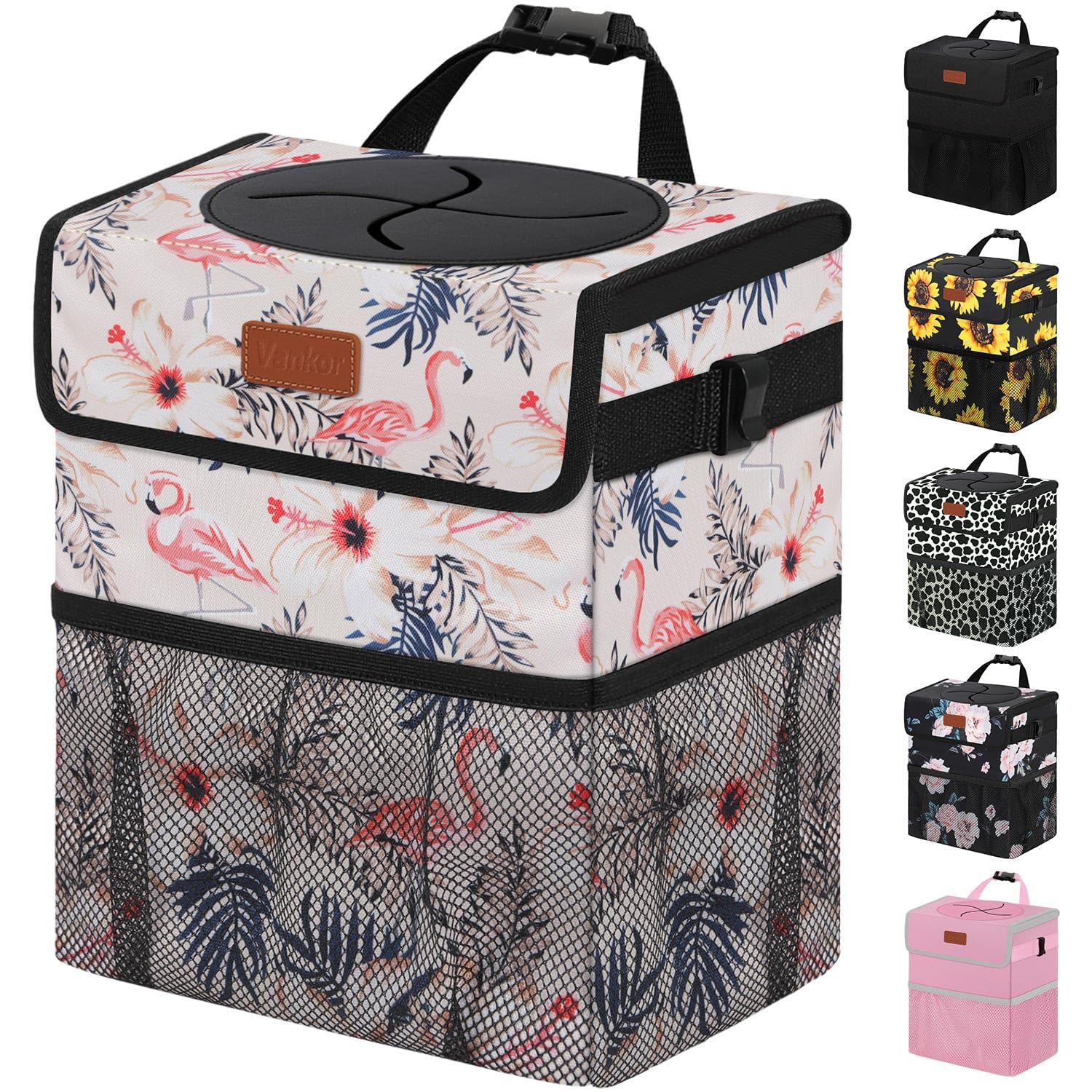 Vankor Cute Car Trash Can, Car Accessories For Women Interior Can Trash Bag Hanging Automotive Garbage Cans Pink Flamingo