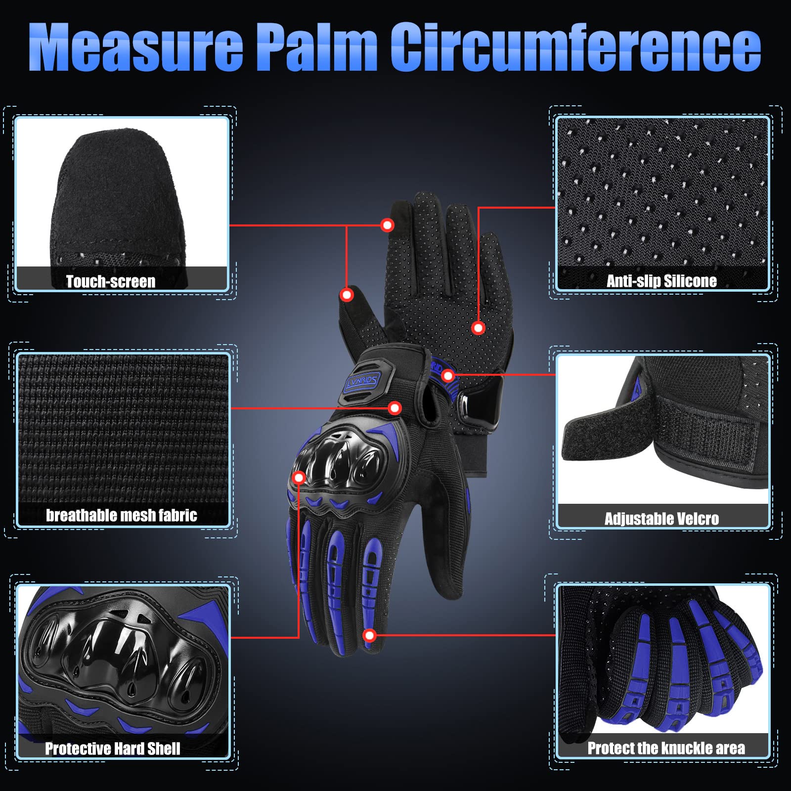 Lvnrids Motorcycle Gloves For Men Full Finger Touchscreen Racing Motorbike Gloves For Bmx Atv Mtb Riding Racing Cycling Blue