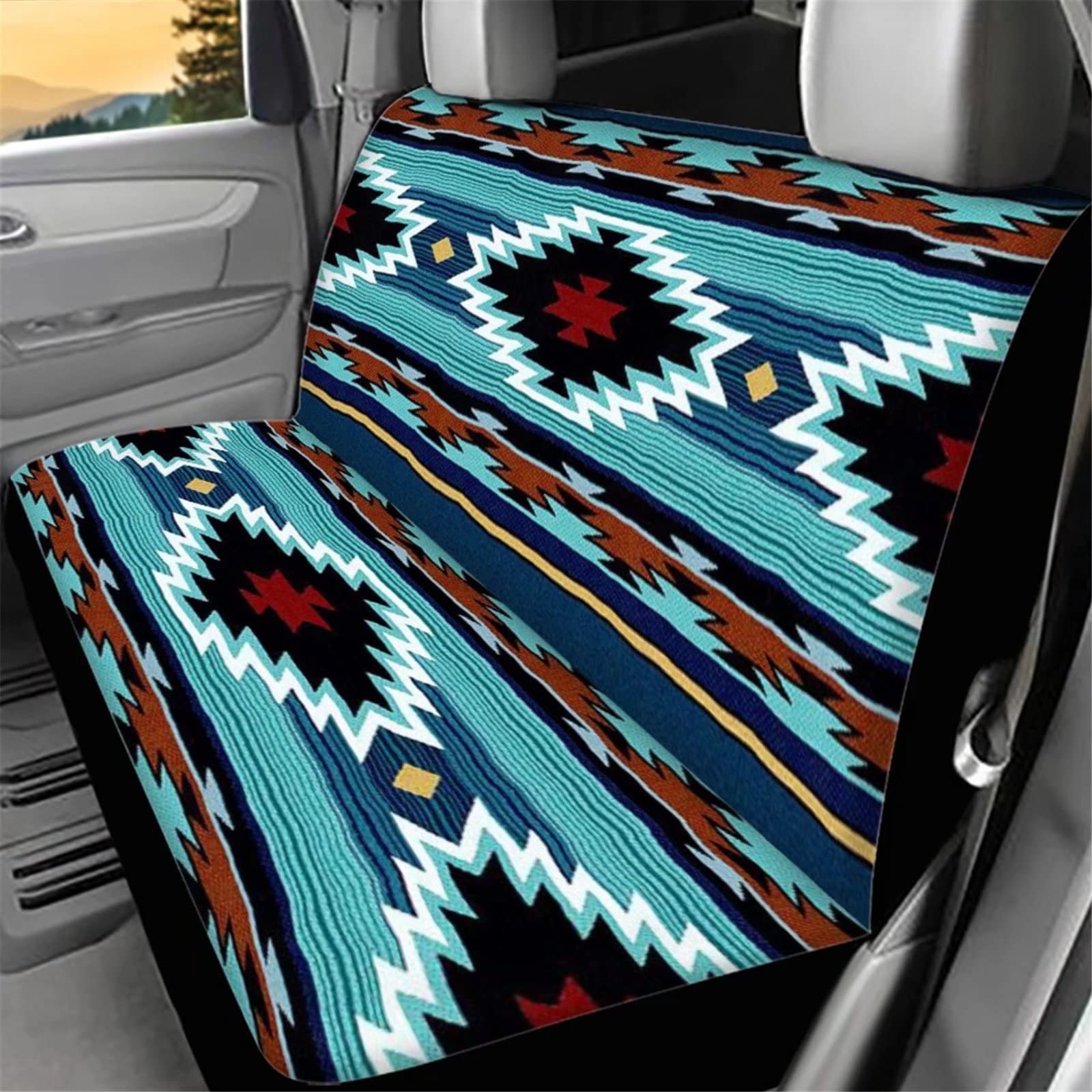 Wellflyhom Aztec Print Universal Rear Split Bench Seat Cover For Cars Truck Suv No Headrest Tribal Turquoise Geometric Stripe Design Back Seat Backrest Saddle Blanket Protector Set Of 2