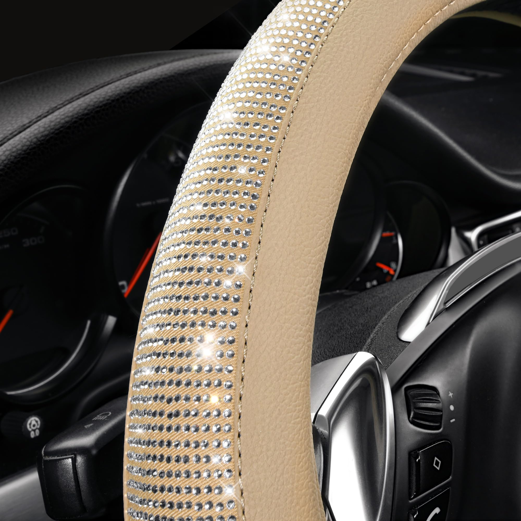 Car Pass Bling Diamond Beige Leather Steering Wheel Cover, White Sparkly Crystal Glitter Rhinestones Universal Fit 14 1/2-15 Car Wheel Protector For Women Girl Fit Suvs,Vans,Sedans,Trucks, Beige