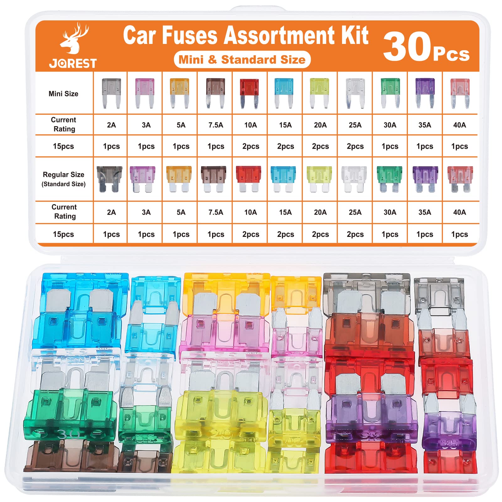 Jorest 30Pcs Mini & Standard Car Fuse Assortment Kit, 15 Mini Blade Fuses Automotive + 15Standard Auto Fuses - For Car/Rv/Truck/