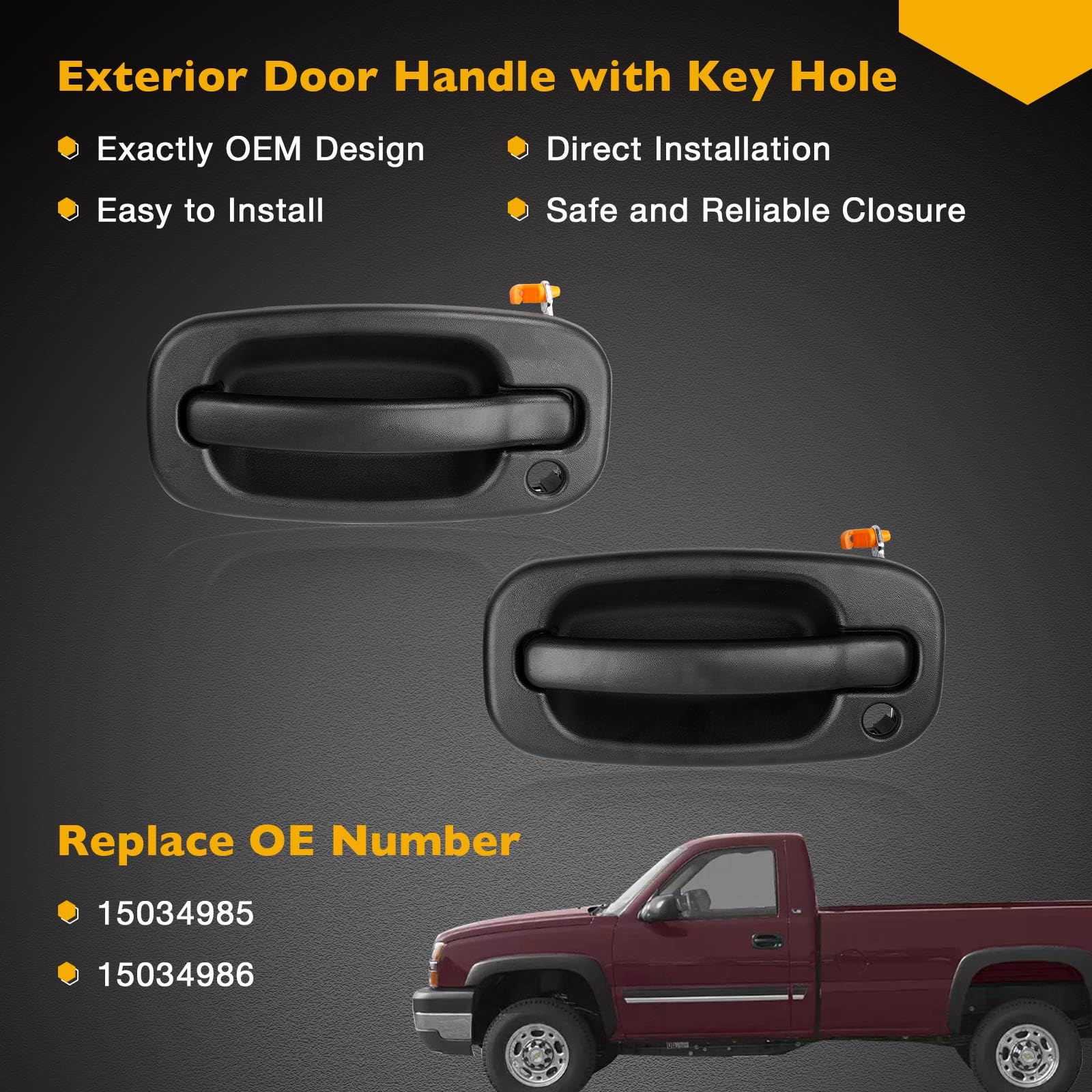 Exterior Door Handle Front Left & Right Pair With Key Hole | For 1999-2007 Chevy Silverado Suburban Tahoe Avalanche Gmc Sierra Yukon Cadillac Escalade | Replaces# 15034985, 15034986