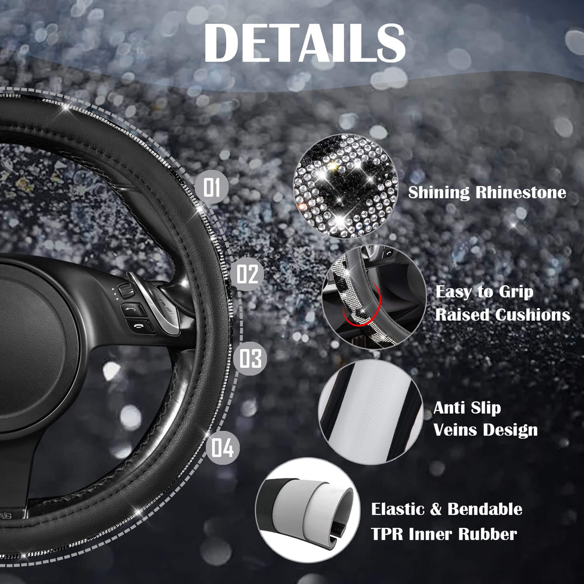 Car Pass Bling Cow Print Diamond Steering Wheel Cover, With Sparkly Crystal Glitter Rhinestones Black Leather Car Wheel Protect