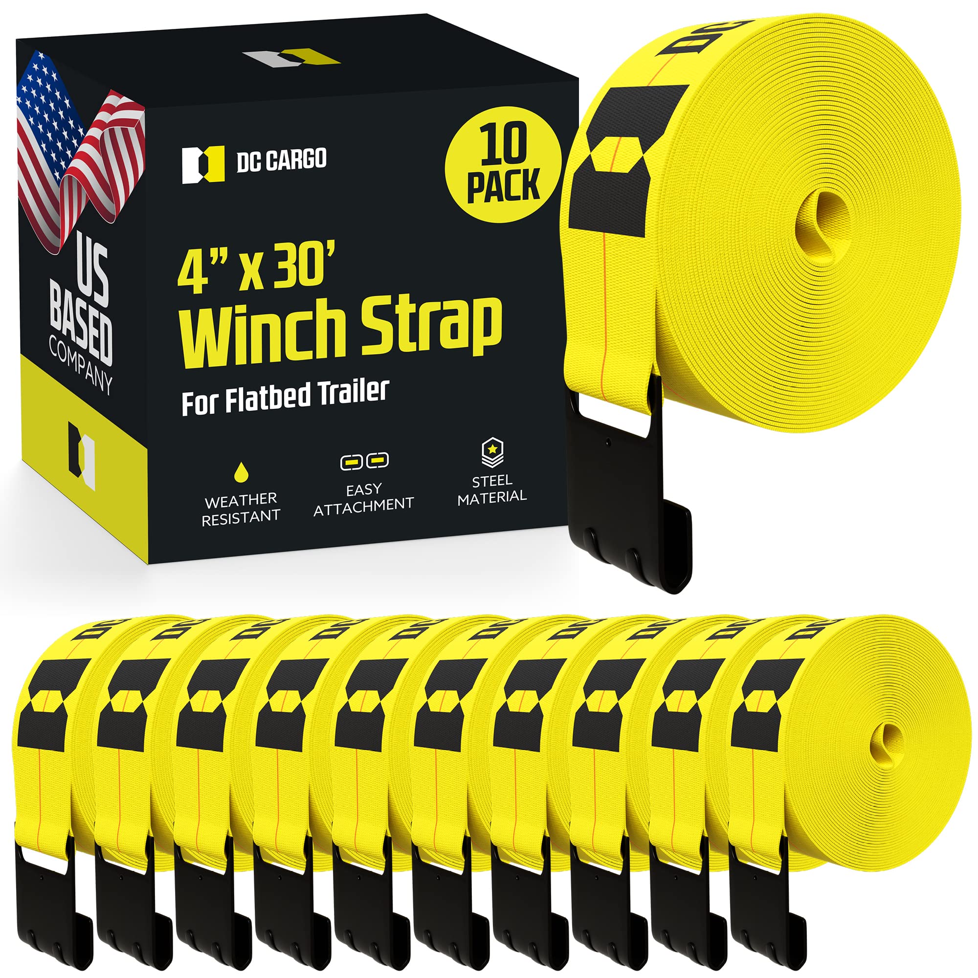 Dc Cargo Mall Truck Straps, 4 Inch X 30' Straps For Flatbed Trailer Heavy Duty Tie-Downs W/Flat Hooks (10-Pack) 16,500 Lbs Break