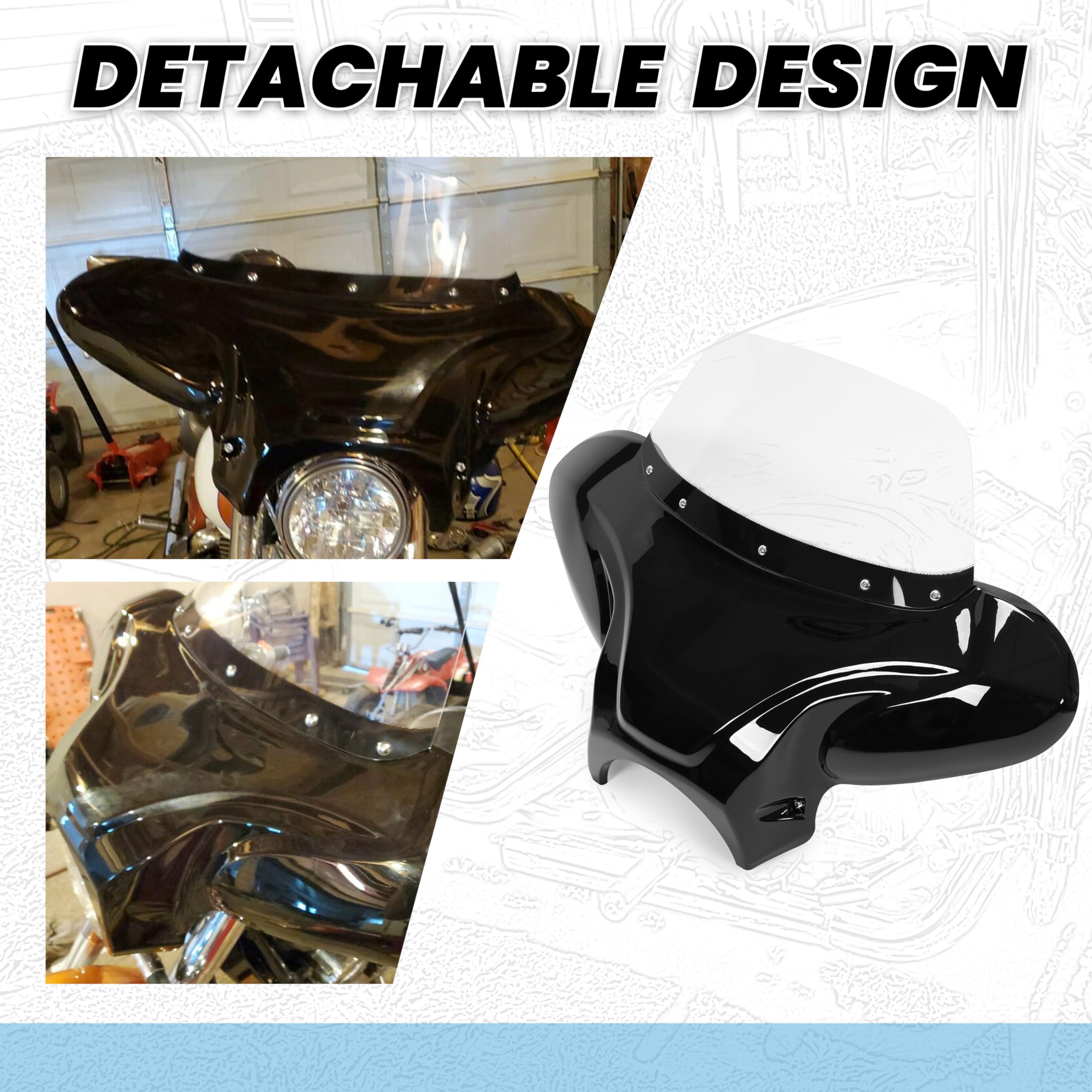 Ecotric Universal Motorcycle Cruiser Front Outer Fairing Batwing W/Clear Windshield 37' Wide X 24' Tall Bat Wing Transparent Black Abs Plastic Durable