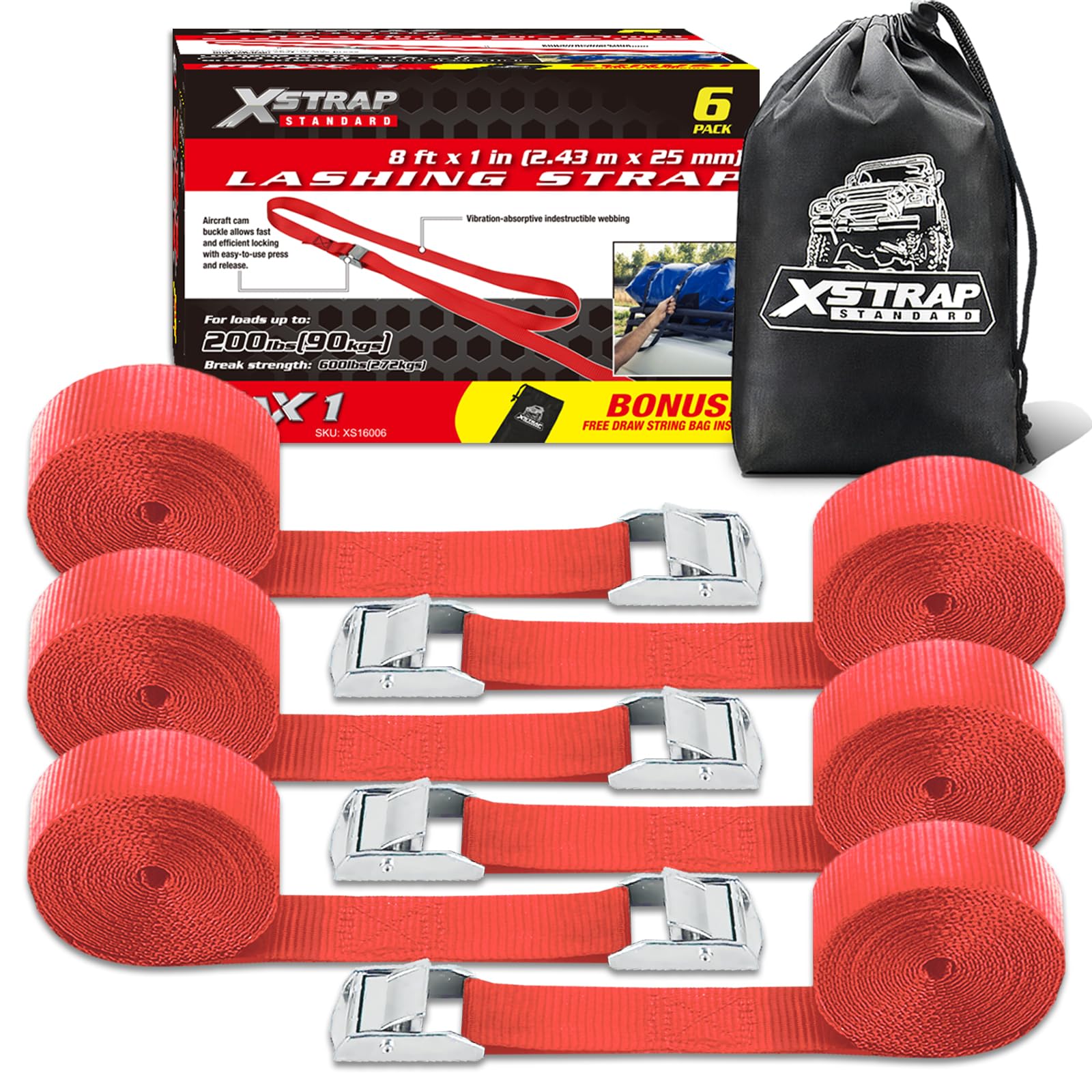 Xstrap Standard Cam Buckle Straps 6Pk 8Ft Powersports Tie-Downs 1-Inch Red Lashing Straps With Carry Bag, Ideal For Securing Car