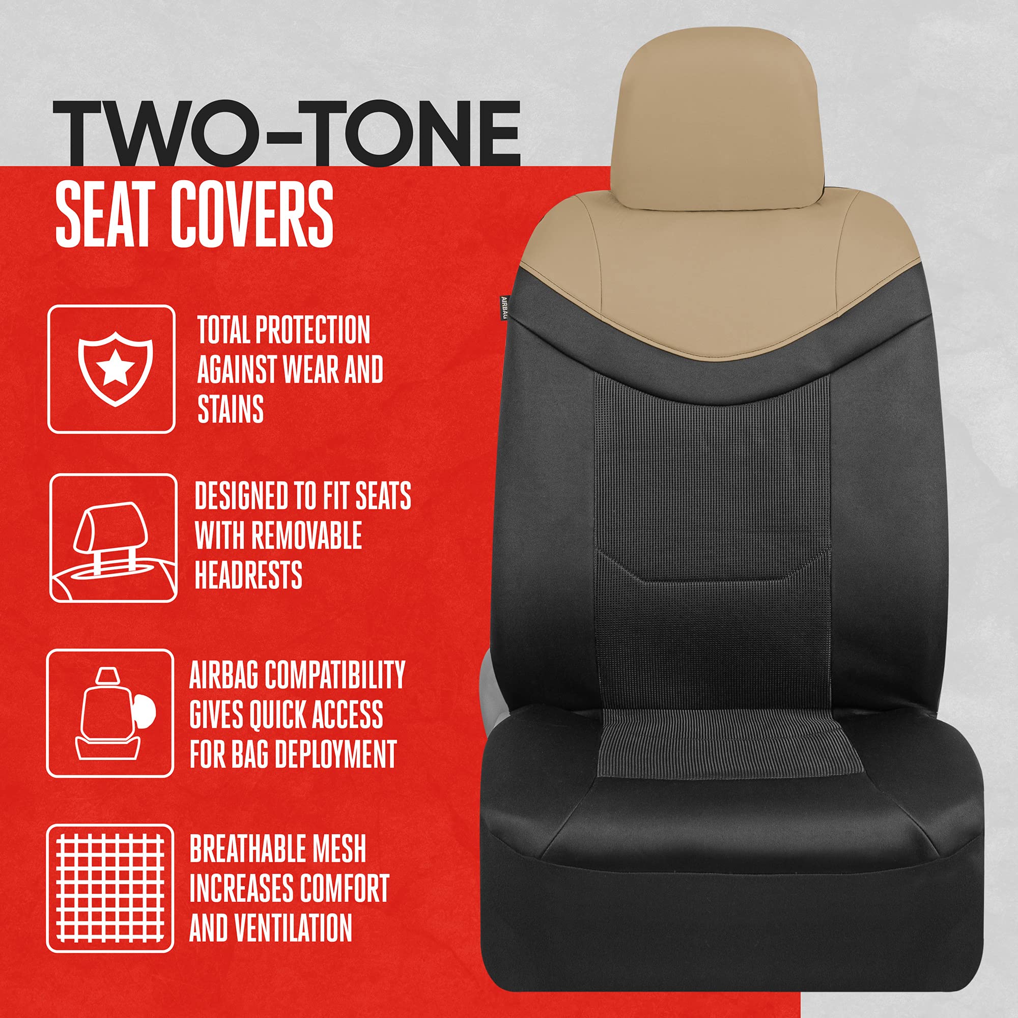 Motor Trend Premium LuxeSport Beige Car Seat Covers for Front Seats, 2 Pack – Automotive Seat Protectors with Comfortable Mesh Back & Faux Leather Headrest, Interior Covers for Car Truck Van SUV