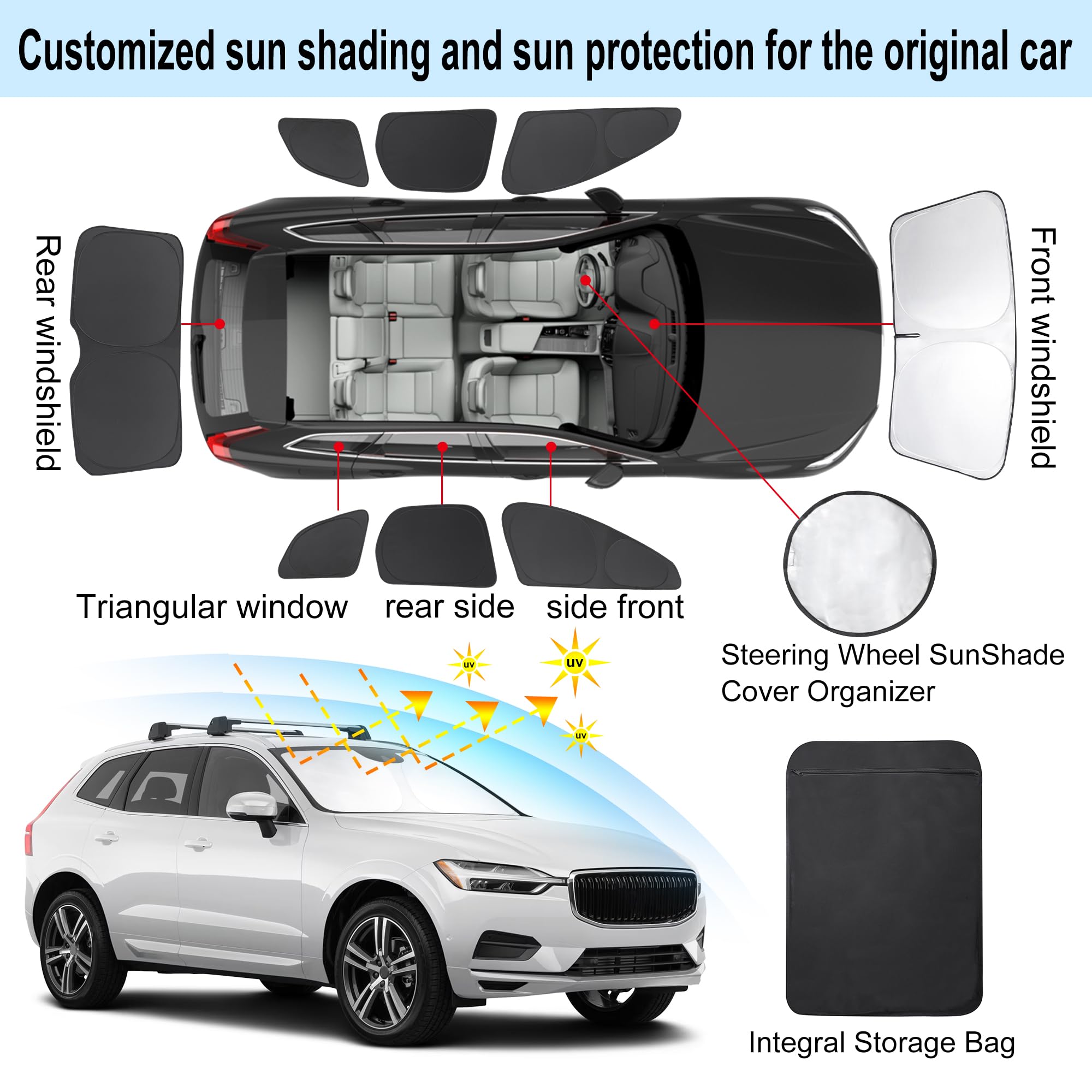 TINGLU Window Shades for Volvo XC60 (2018-2024) - Black Polyester Sun Shade, UV Protection, 8PCS Set