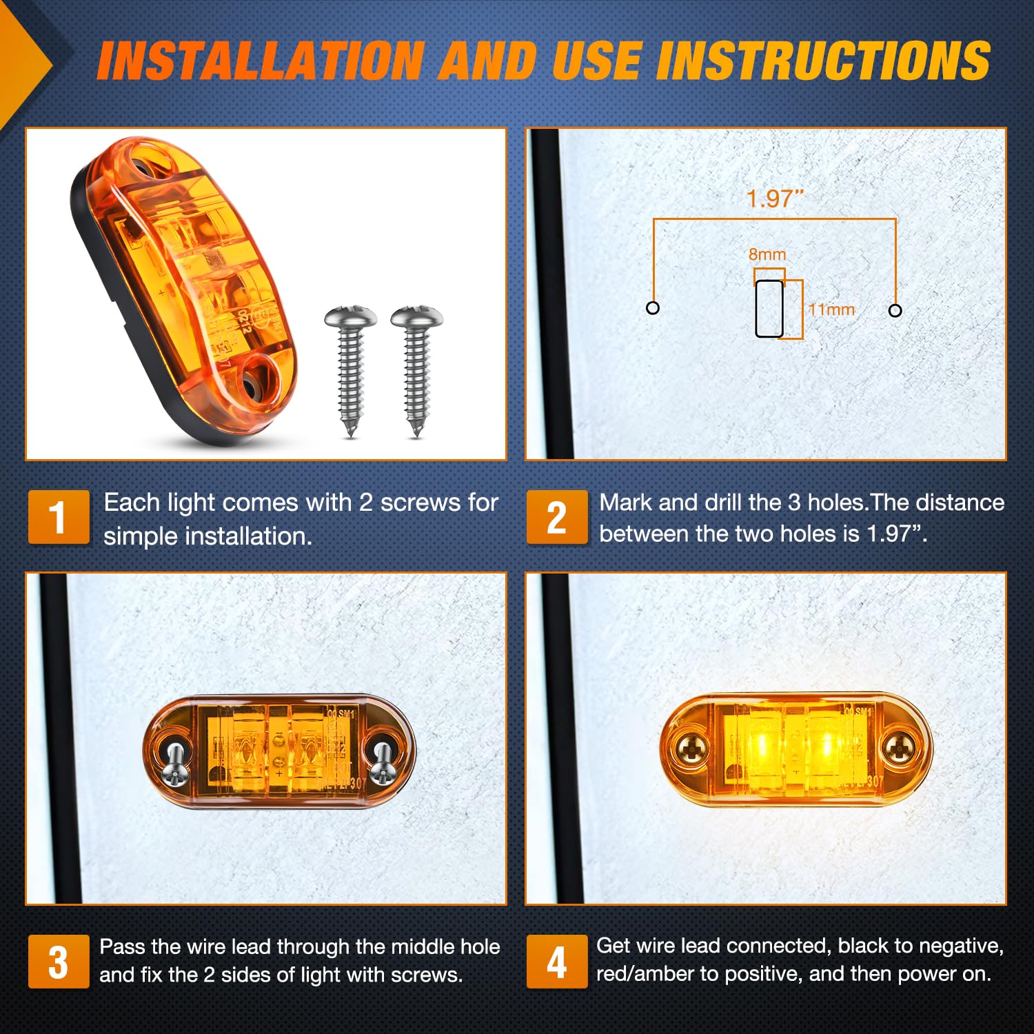 Nilight 2.5Inch Oval Side Marker Light 20Pcs Amber 2 Diode Led Trailer Clearance Lights Indicator Taillight Waterproof Surface M