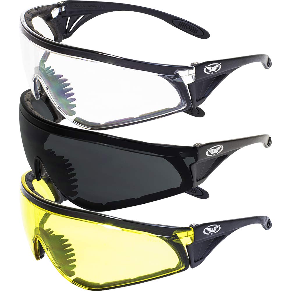 Gv Set Of 3 Pairs: Padded Motorcycle Riding Glasses - Day Night Dawn Dusk Smoked Clear Yellow Shatterproof Polycarbonate Lenses Uv400 Filter For Maximum Uv Protection Scratch Resistant Coating