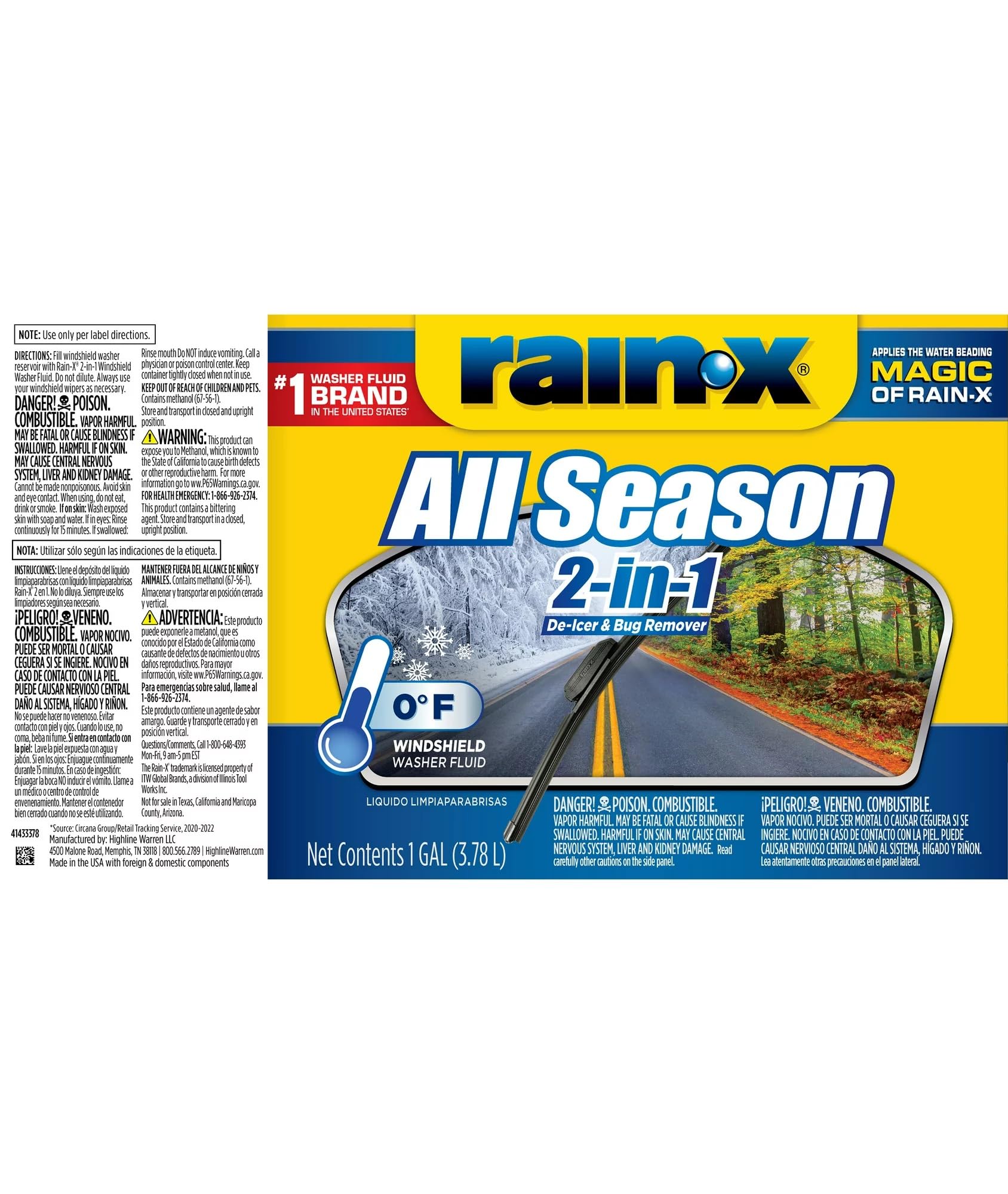 Rain-X All Season 0F 2-In-1 De-Icer & Bug Remover Windshield Washer Fluid - 1 Gallon (Pack Of 6)