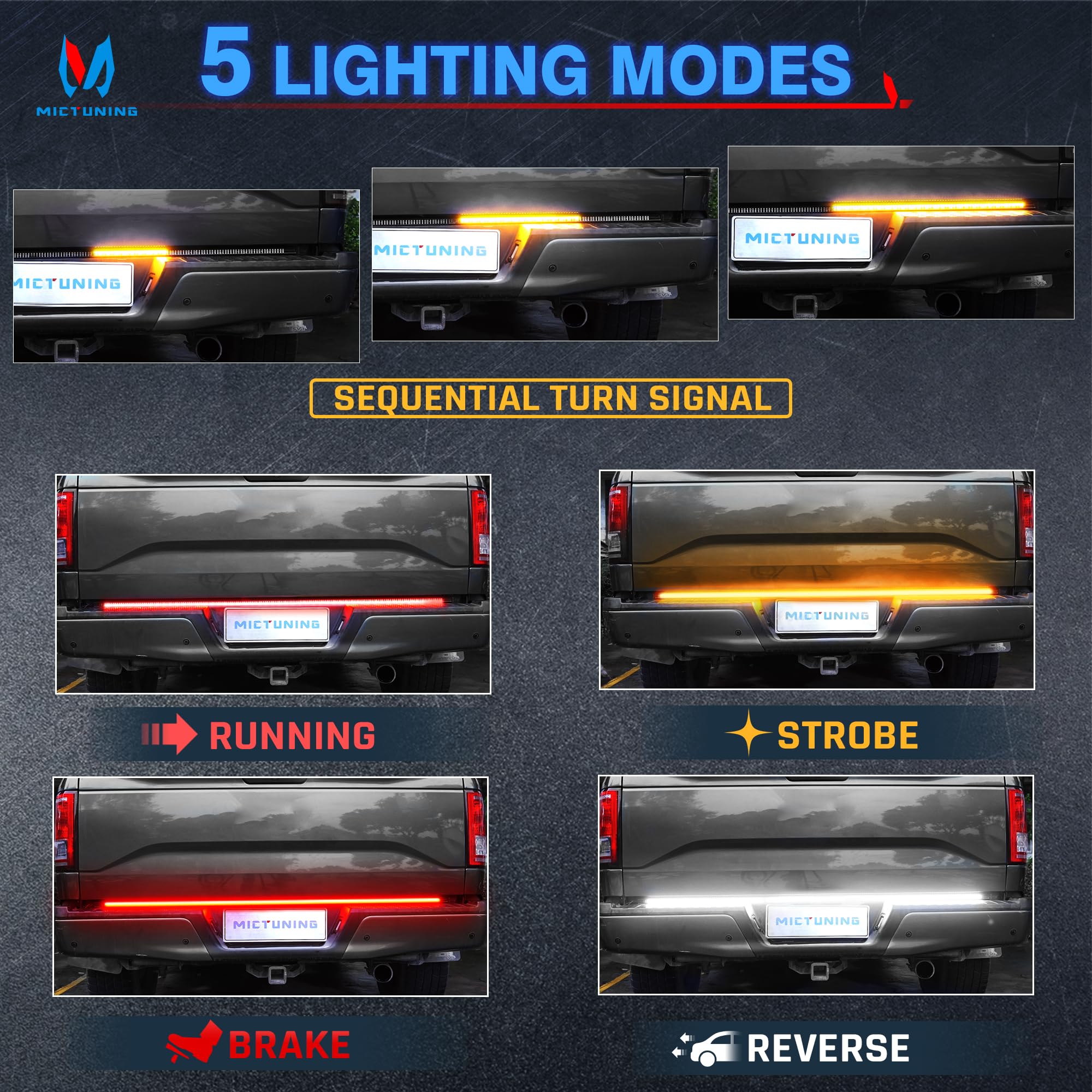 Mictuning 60 Inches Triple Row 432 Leds Tailgate Strip Light Waterproof With 4-Way Flat Connector - 5 Functions Sequential Amber