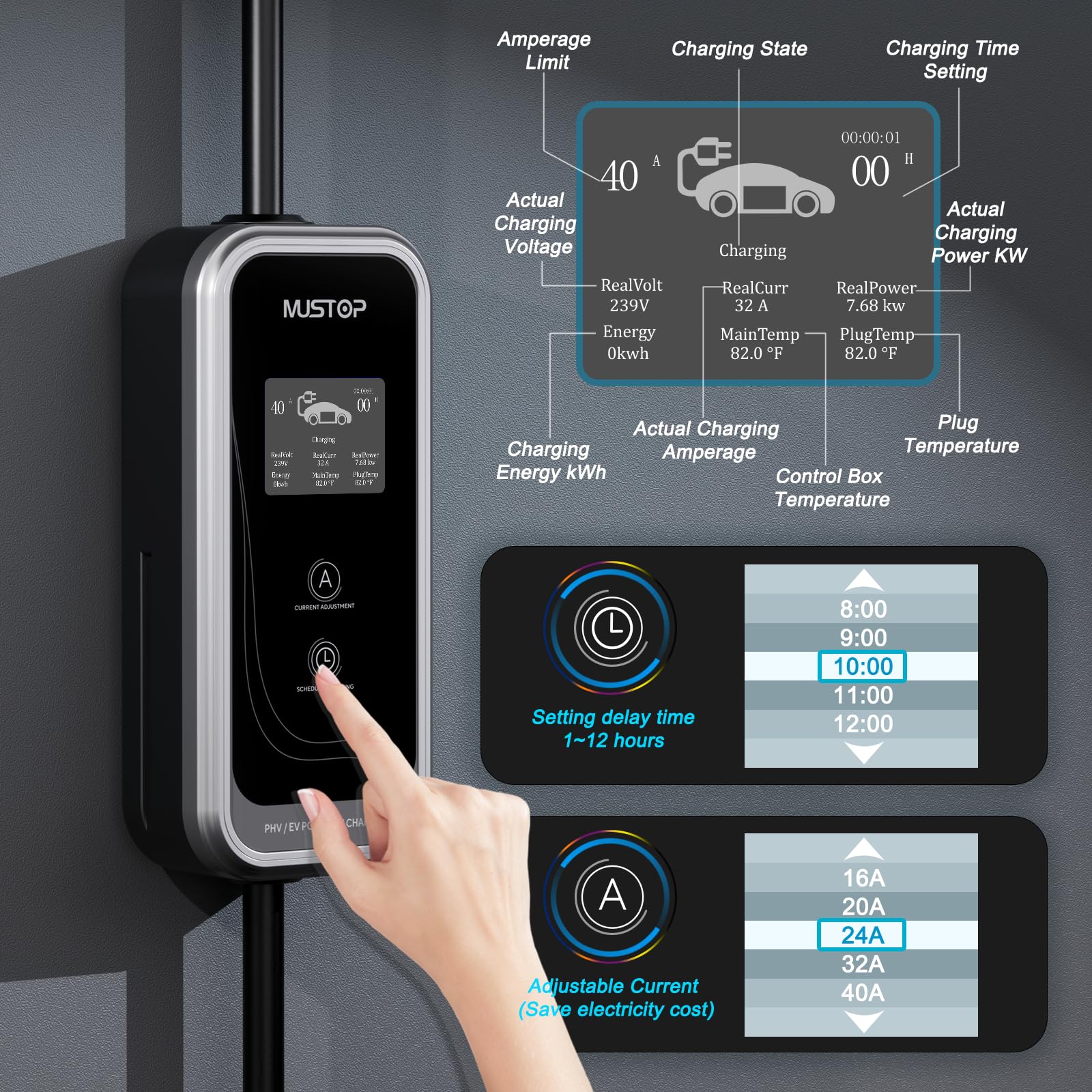 Mustop Level 1 & 2 EV Charger J1772 (40 Amp, 240 Volt, 20ft Cable),ETL Wall Connector Dual Use EV Portable NEMA 14-50 & 5-15 Wi-