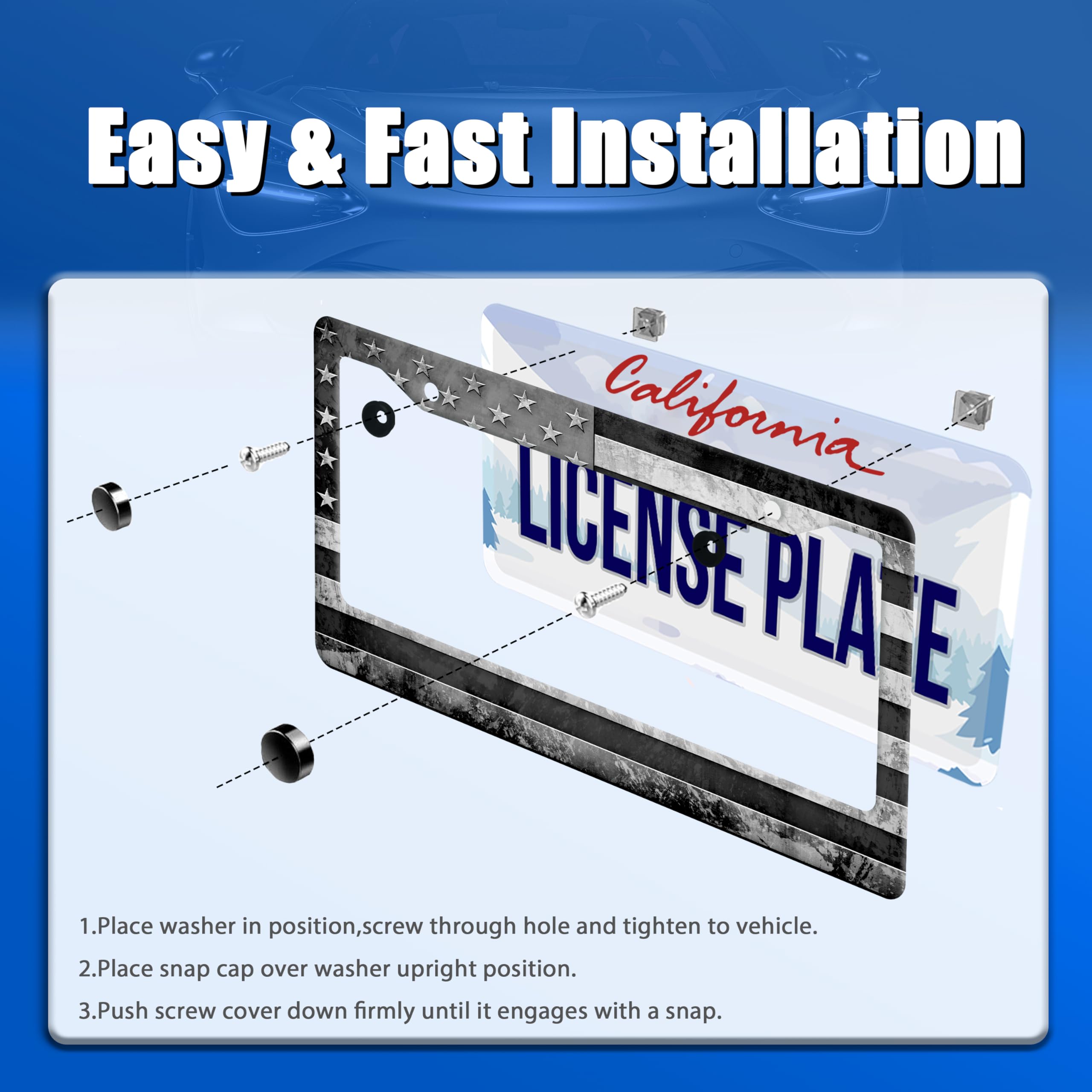 Grey Black American Flag License Plate Frame Vintage USA Flag License Plate Stainless Steel Funny License Plate Holder Patriotic