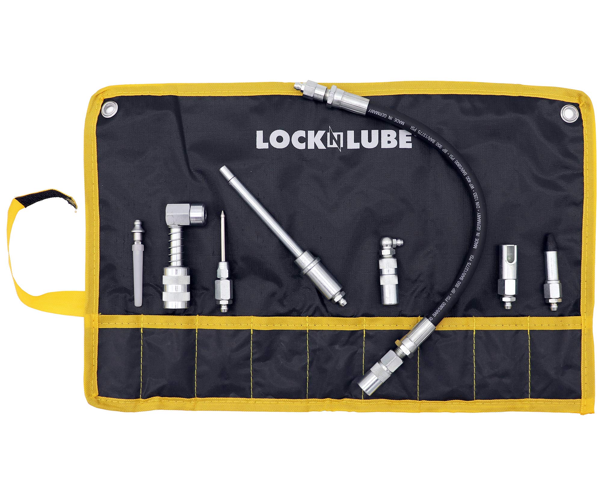 Locknlube 8-Piece Quick Connect Greasing Accessory Kit. Complete Grease Fitting Connection Kit. Reach Any Grease Fitting On Any Machine. The Rip-Stop Case Keeps Tools Clean And Portable.