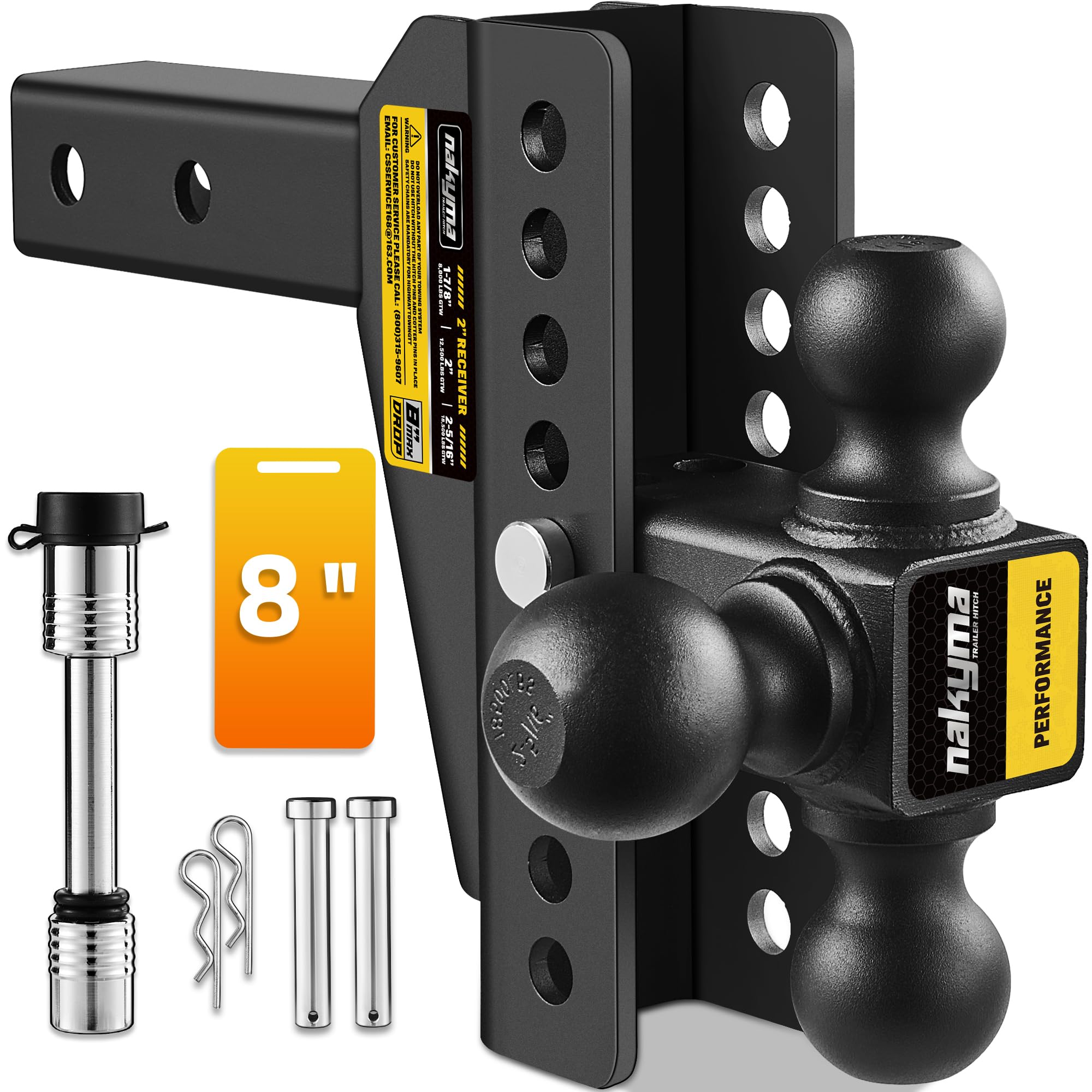Adjustable Drop Hitch, 8 Inch Drop Trailer Hitch,Tri-Ball(1-7/8, 2, 2-5/16) Hitch, Fits 2-Inch Receiver, Max 16,500 LBS GT