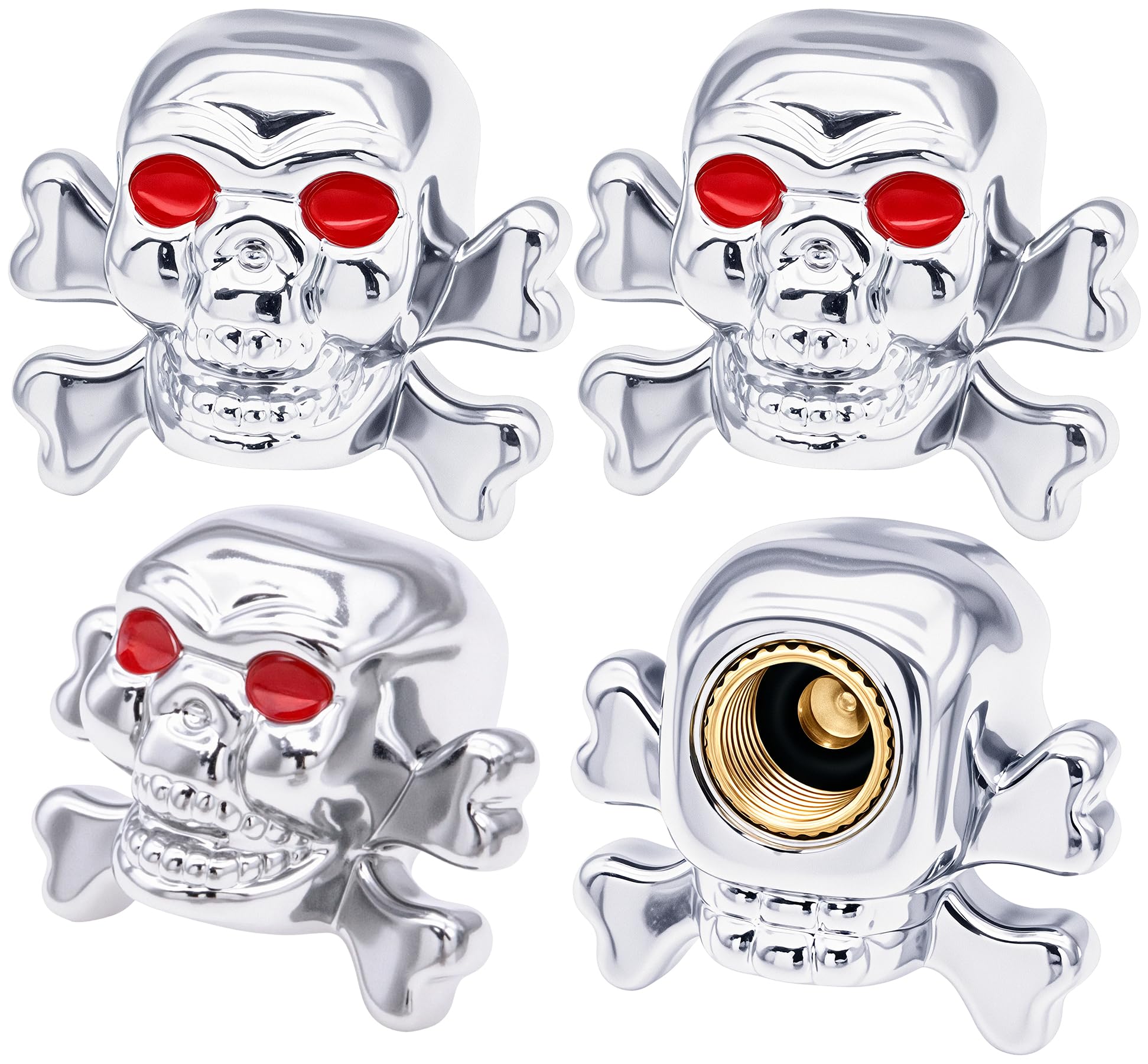 Meajoo 4Pcs Skull Style Tire Valve Stem Caps, Dustproof Wheel Valve Covers Accessories, With Rubber O-Ring, Universal For Cars,