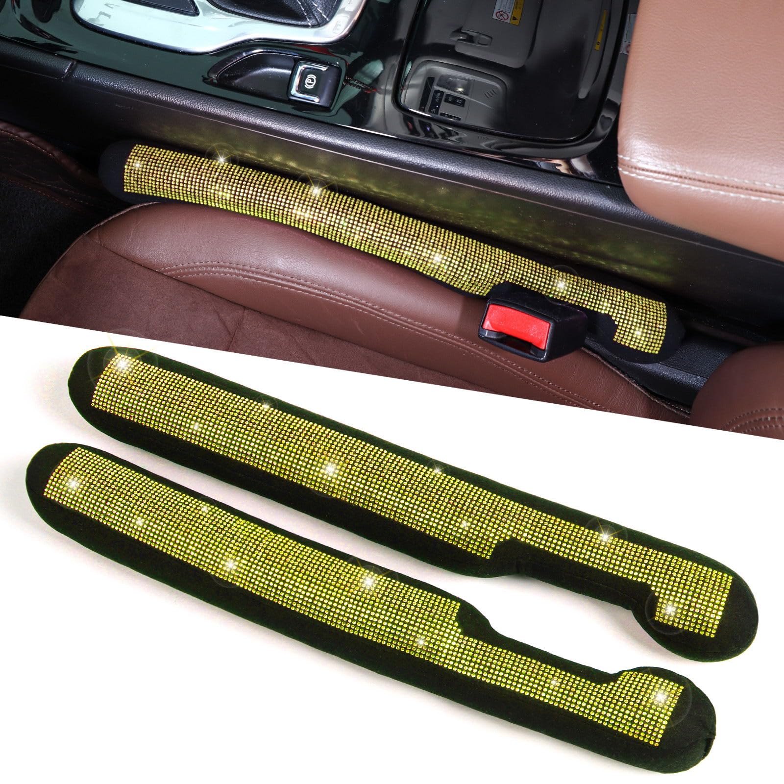 Tobequeen Yellow Car Gap Filler 2 Pack, Seat Gap Plug Universal Fit For Car Suv Truck, Handmade Crystal Diamond Rhinestone Yello