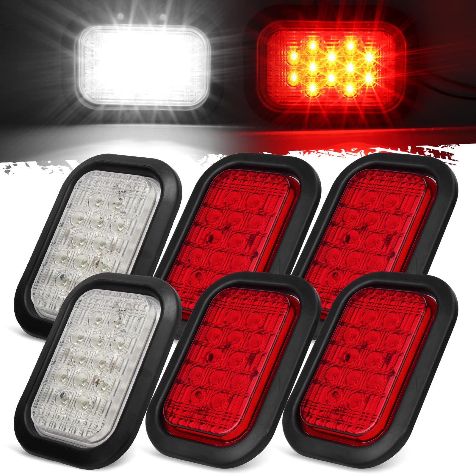 Partsam 6Pcs 5X3 Rectangle Stop/Turn/Tail & Backup/Reverse Truck Trailer Hitch Light 12 Led Grommet Hardwired Flush Mount (4Xred