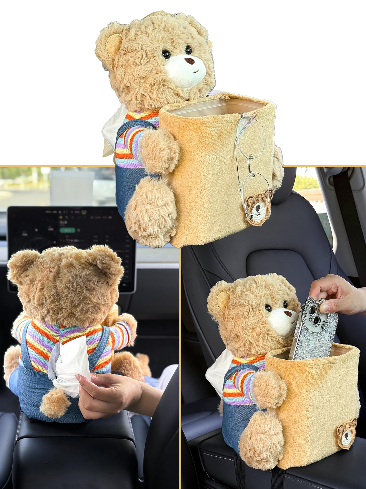 VimoDemo Cute Car Trash Can with Tissue Holder Teddy Bear Tissue Box Console Stuffed Animal Organizer Plush Doll Multifunctional