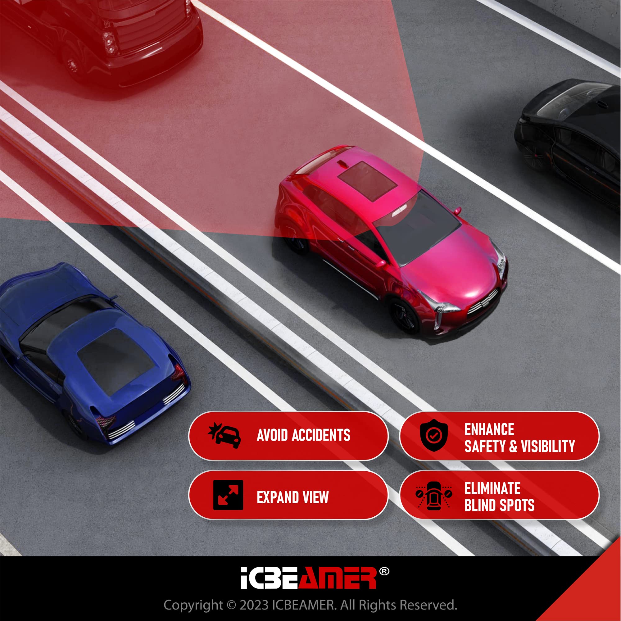 Icbeamer 11.8'' Car Rear View Mirror, Blue Tint Flat Surface, 300Mm Panoramic Accessories, Wide Angle Blindspot For Car, Rubber