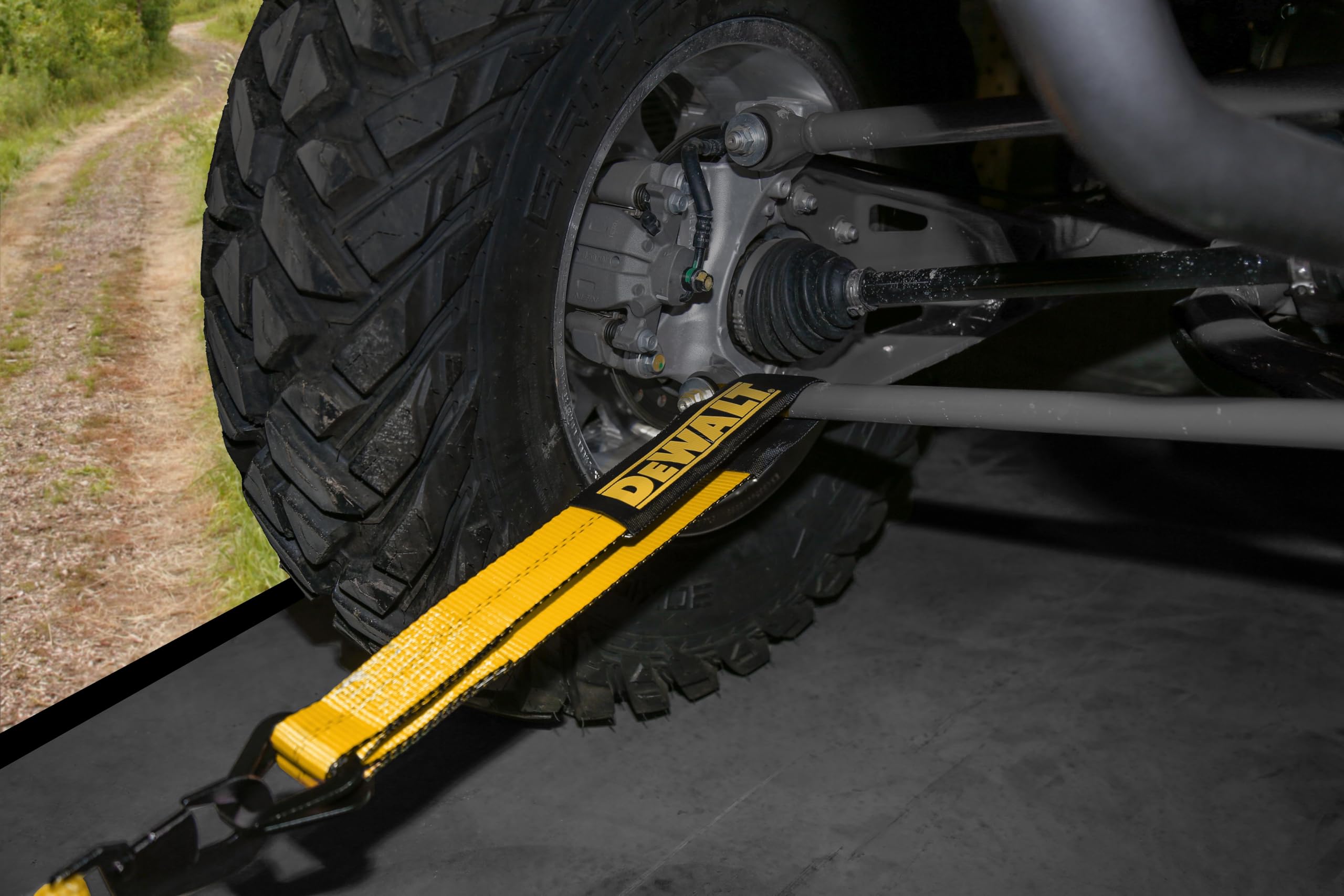 DEWALT DXBC80003 Black/Yellow 2'' x 36'' Premium Axle Tie Down Strap (10,000 lb Break Strength) - Heavy Duty for Truck, Trailer,