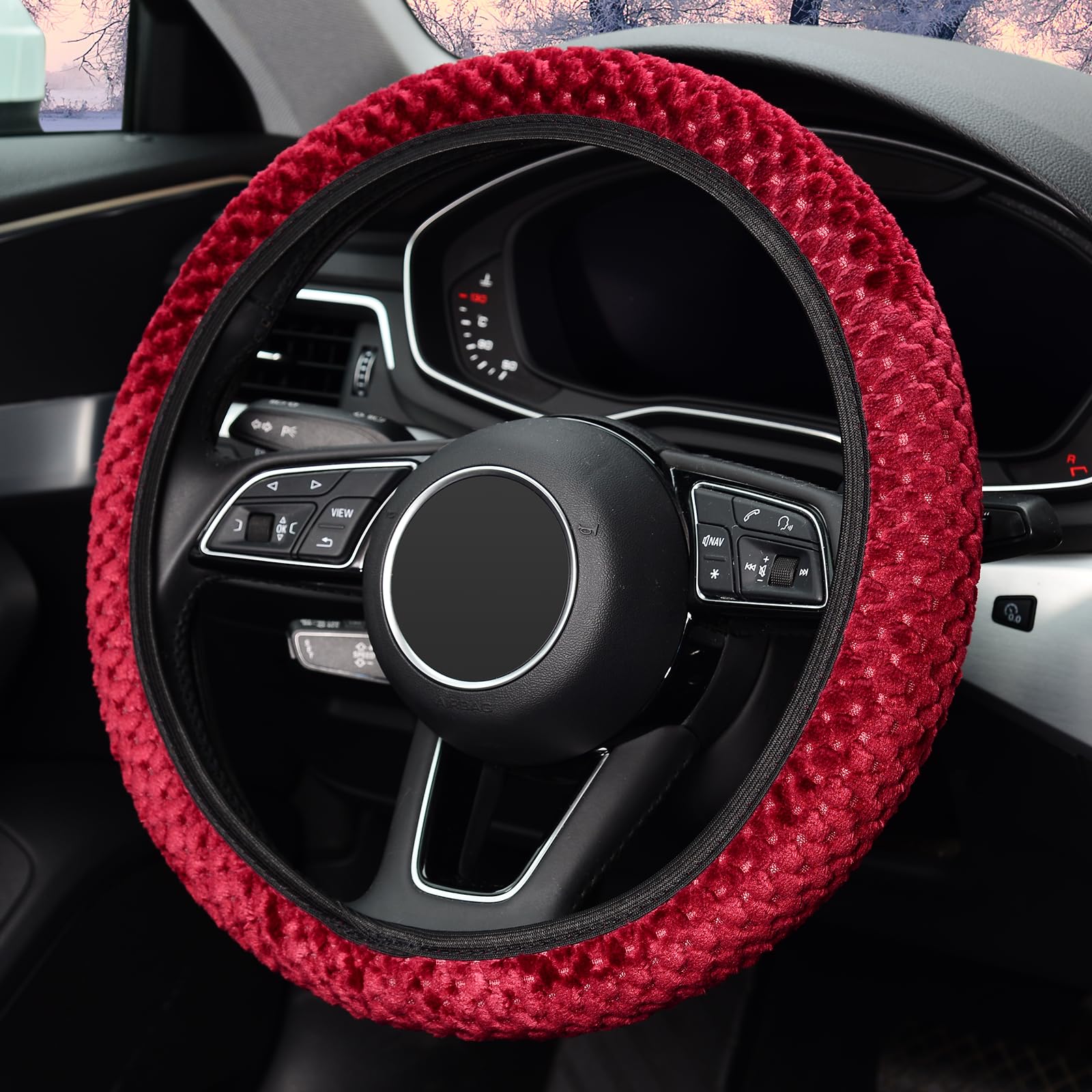 Kafeek Elastic Short Microfiber Plush Steering Wheel Cover For Winter Warm, Universal 15 Inch, Anti-Slip, Odorless, Wine Red