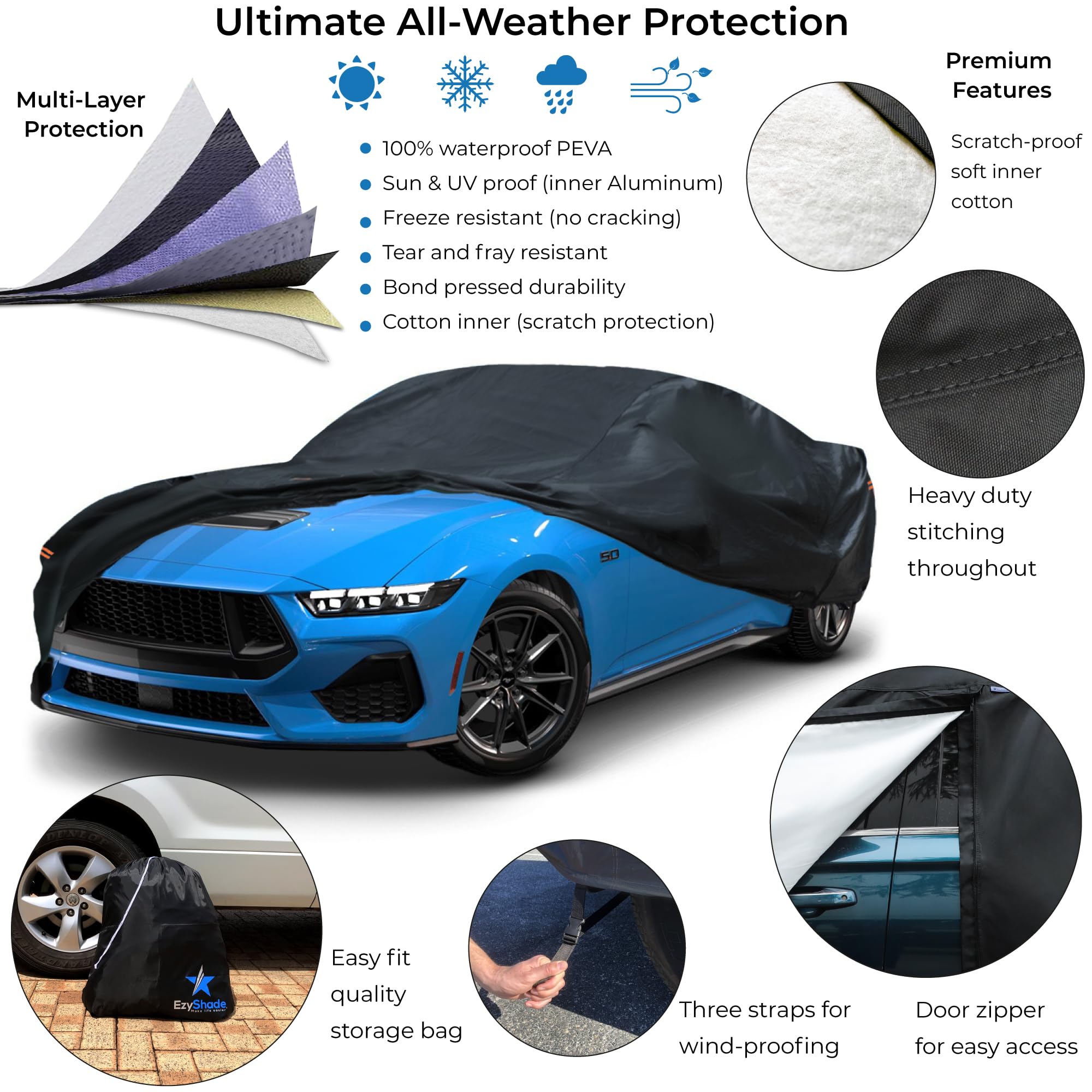 Ezyshade 10-Layer Waterproof Sports Car Cover. See Vehicle Size-Chart For Accurate Fit. All Weather Outdoor Covers. Camaro Chall