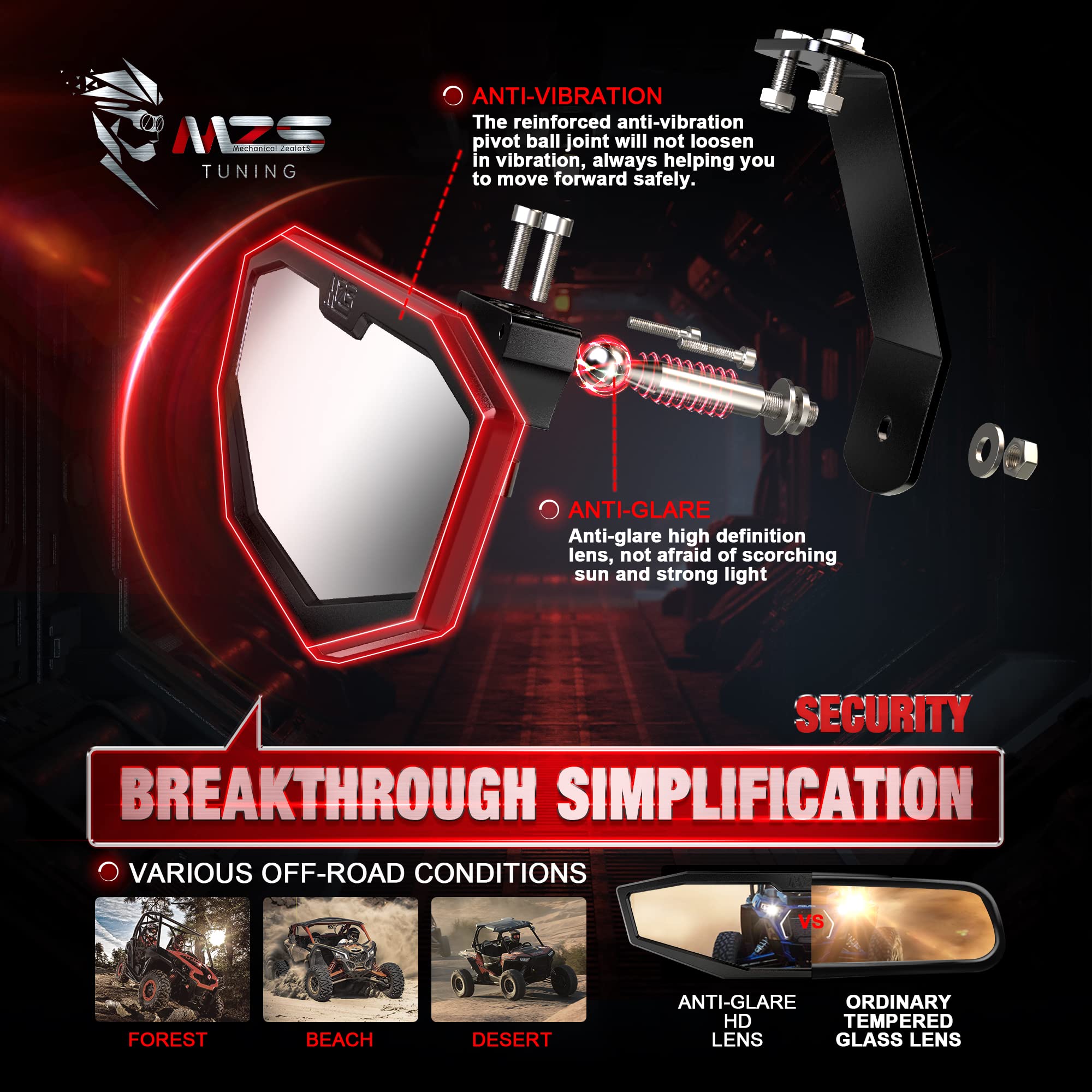 MZS Aluminum UTV Center Rear View Mirror, Maverick Trail Rrarview Mirror Adjustable Black Compatible with 2018-2025 Maverick Tra