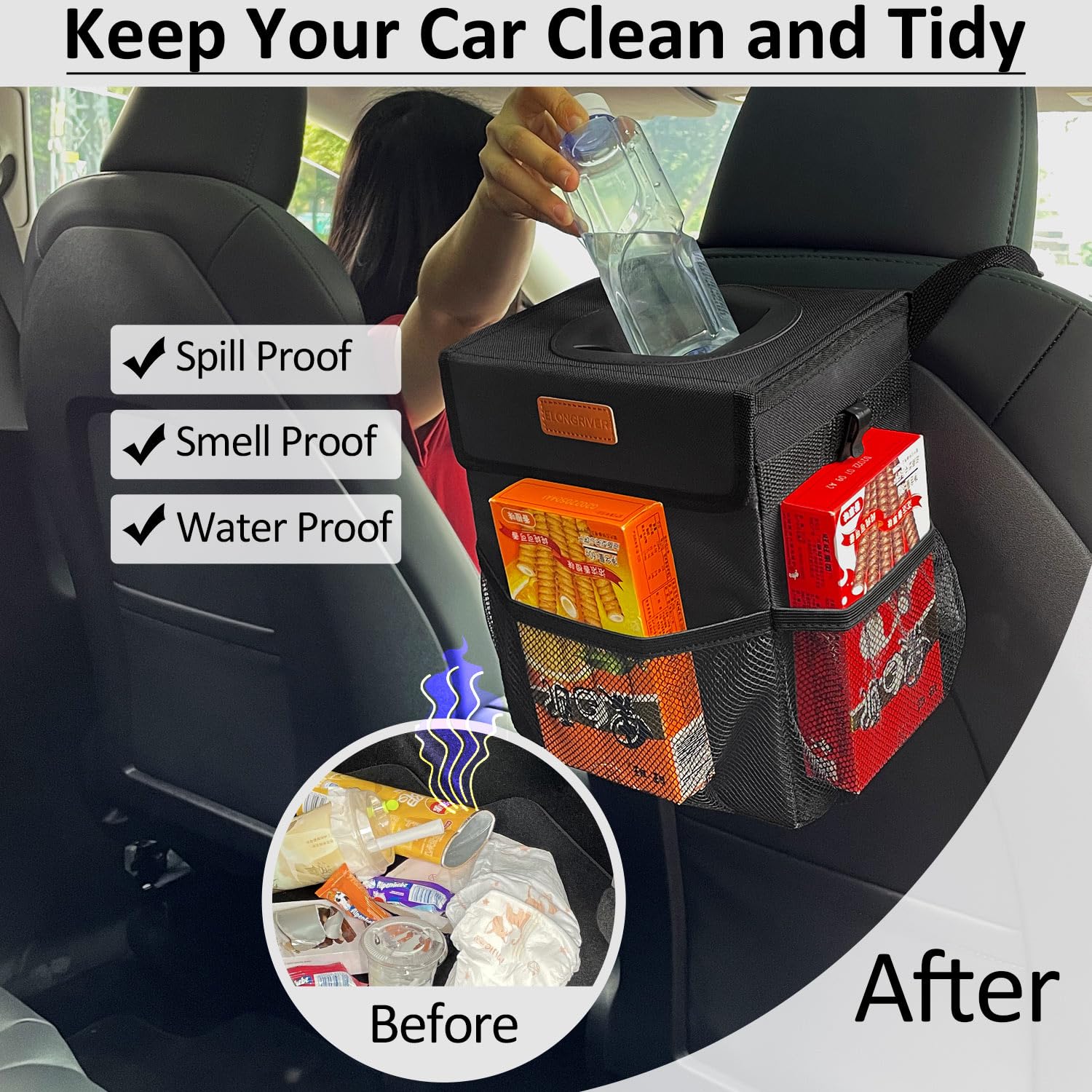 Elongriver Car Trash Can Bin For Car Back Seat Leak Proof, Cute Car Trash Bag Hanging, Vehicle Trash Can For Suv Truck Van, Auto