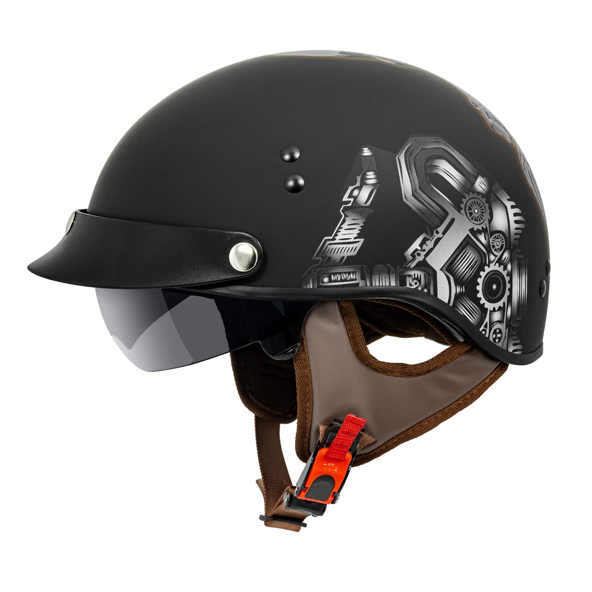 Vcan Cruiser Solid Flat Black Half Face Motorcycle Helmet With Drop-Down Sun Visor, Removable Peak And Quick Release Buckle (Red