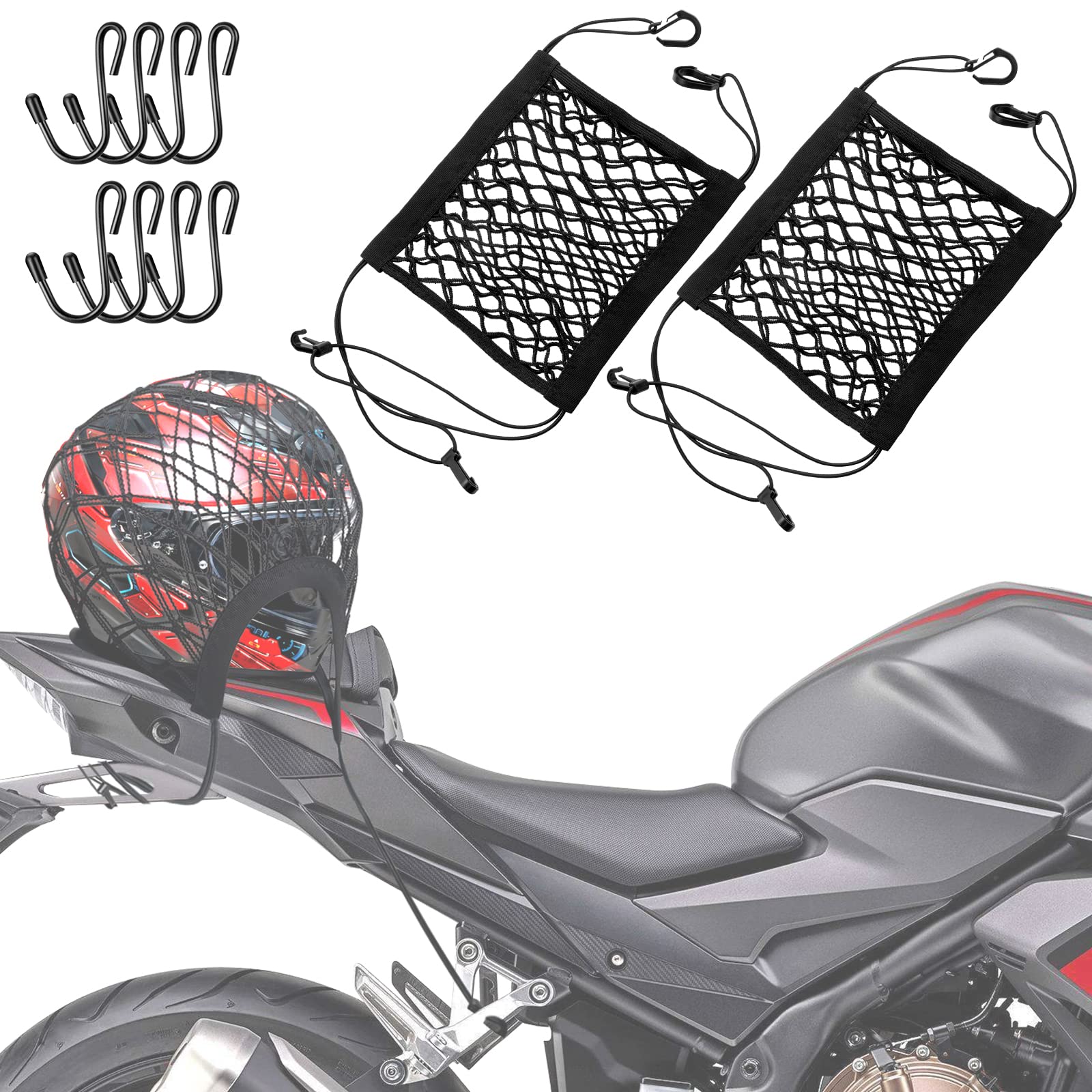 2Pcs Upgrade Cargo Net For Motorcycle Helmet Storage, 10''X11'' High-Elastic Double Layer Bungee Net With 8 Extra Strong Metal H