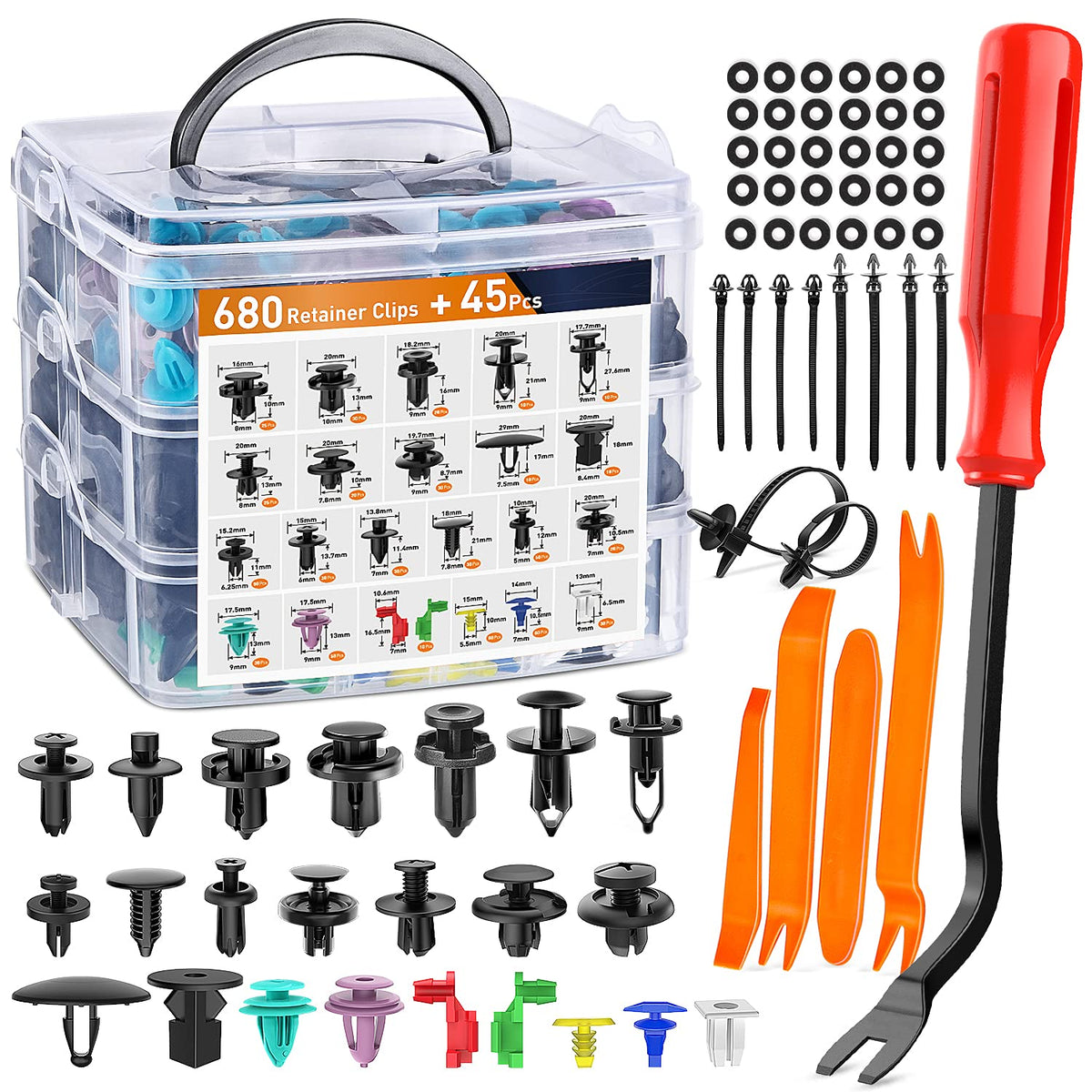 GOOACC 725Pcs Car Push Retainer Clips & Auto Fasteners Assortment -23 Most Popular Sizes Nylon Bumper Fender Rivets with 10 Cabl