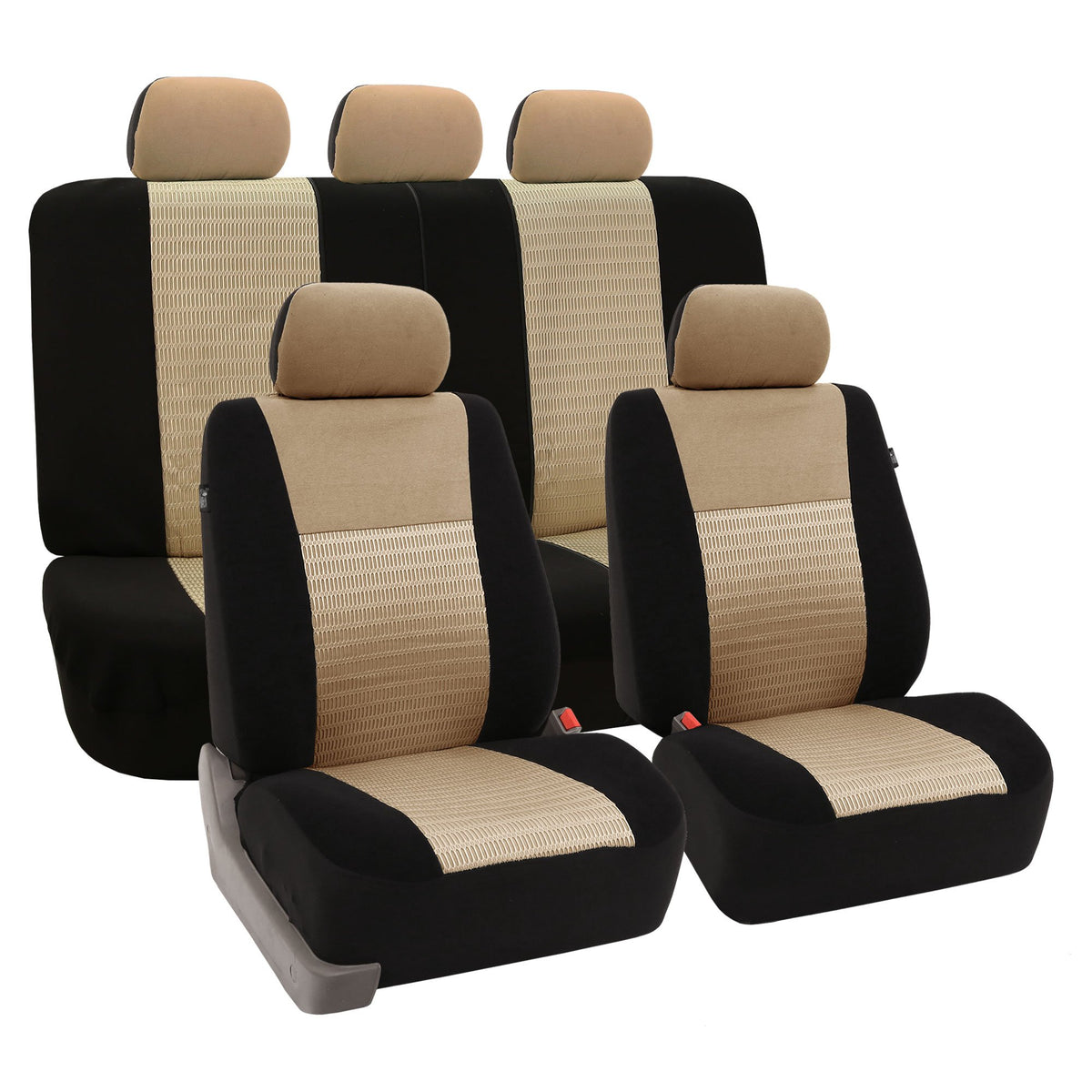 FH Group - FB060BEIGE115 Universal Fit Full Set Trendy Elegance Car Seat Cover, (Beige/Black) (FH-FB060115, Airbag compatible an