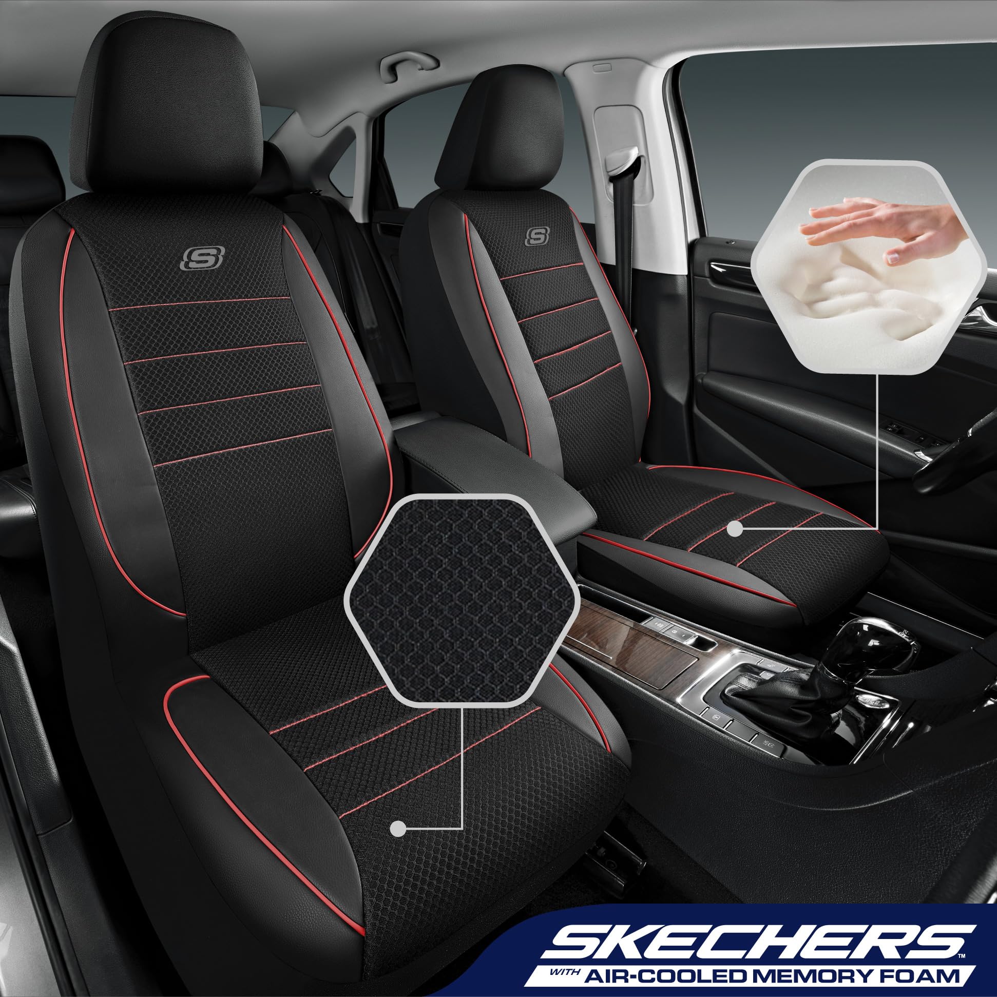 Skechers Memory Foam Seat Covers,Air Cool Mesh Thick Car Seat Covers,Piping Leather Car Seat Protector Full Set,Airbag Compatibl