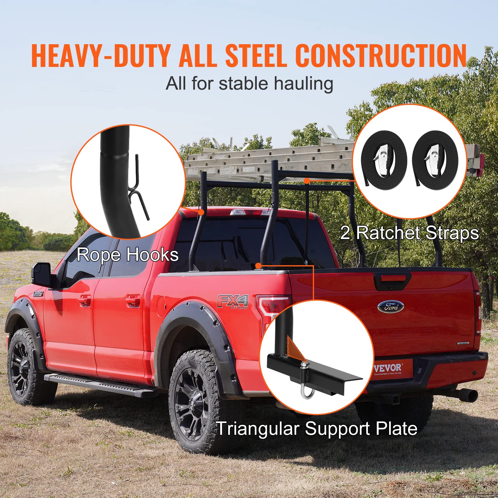 Vevor Extendable Steel Truck Ladder Rack - 800 Lbs Capacity, 46-71 Inch, Non-Drilling For Kayak, Surfboard, Lumber, Ladder