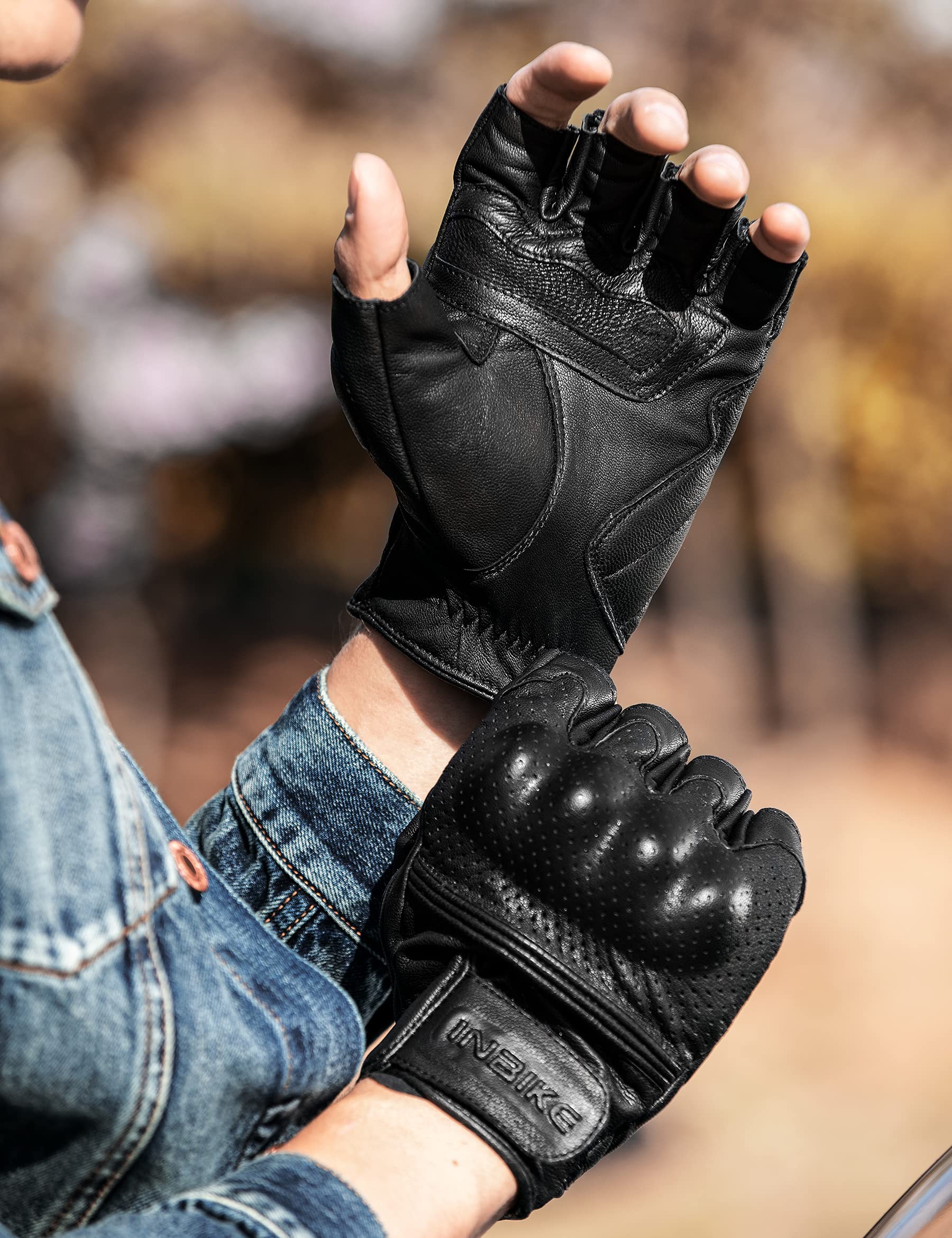 Inbike Fingerless Motorcycle Gloves Summer Breathable Goatskin Leather Wear Resistant Hard Knuckle Black Xx-Large