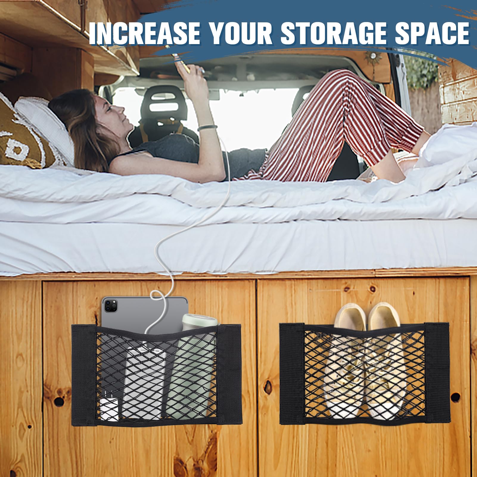 Bigmeta 2PCS RV Cargo Storage Mesh Net, Elastic Stretchable Netting Pocket with 4 Adhesive Strip Wall Sticker for SUV, Truck(17.