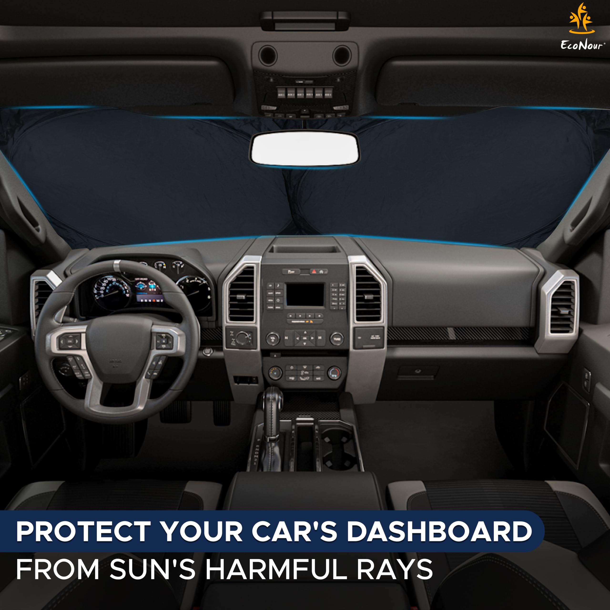 Econour Truck Windshield Sun Shade With Storage Pouch - Reflective 240T Material Truck Windshield Cover - Foldable Sun Shield Uv