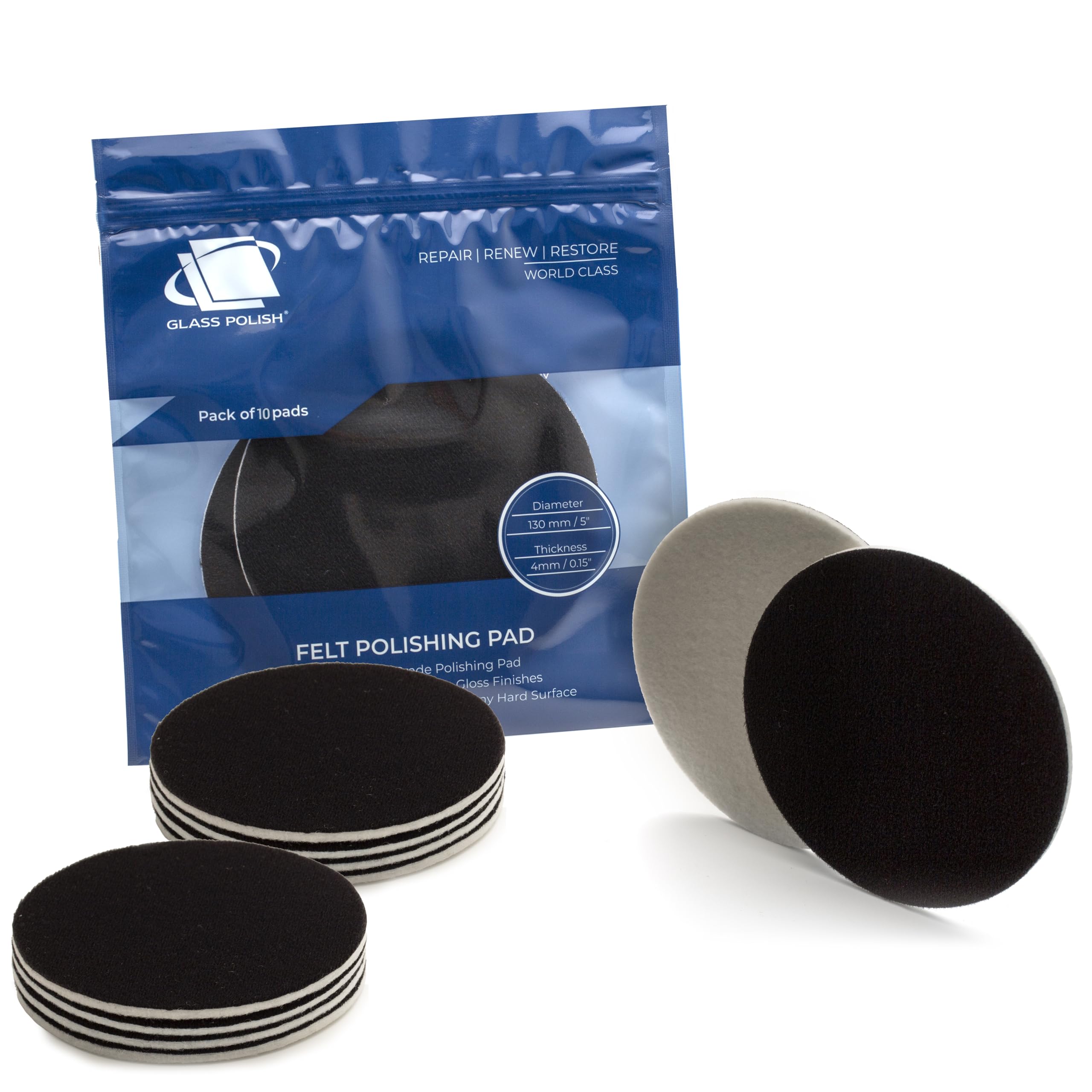 Glass Polish 5 inch (130mm) Pack of 10 Felt Polishing Pads for Polishing Glass, Plastic, Metal and Marble - GP11008