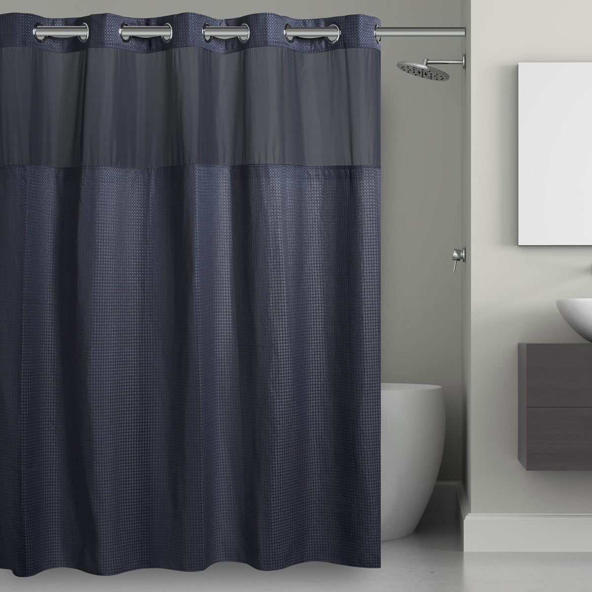 Hookless It’S A Snap! Waffle Shower Curtain, 3-In-1 Shower Curtain Includes Fabric Shower Curtain With Sheer Top Window, Flex-On Rings & Fabric Liner, 71” X 74”, Navy