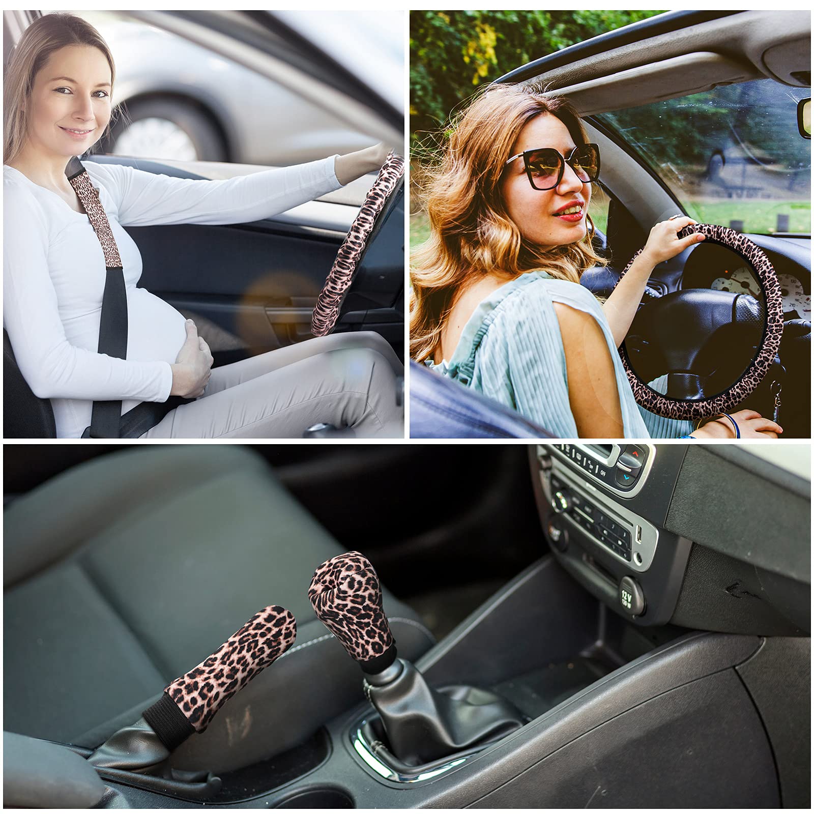 Frienda 24 Pcs Leopard Car Accessories Leopard Car Seat Cover Full Set Cheetah Steering Wheel Metal License Plate Headrest Seat