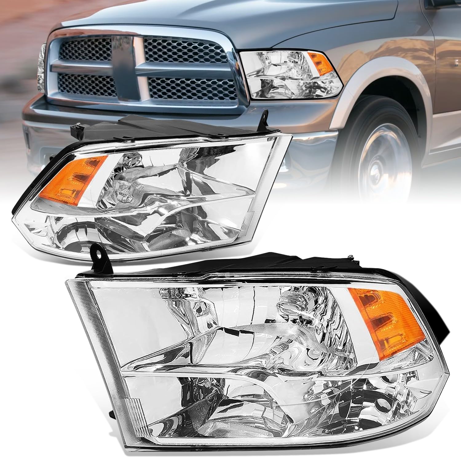 Auto Dynasty Quad Headlights Assembly Compatible With 2009-2010 Dodge Ram 1500-3500 New Body, 2011-2018 Ram 1500-5500, Halogen Headlamps Replacement, Left And Right Side, Chrome Housing Amber Corner