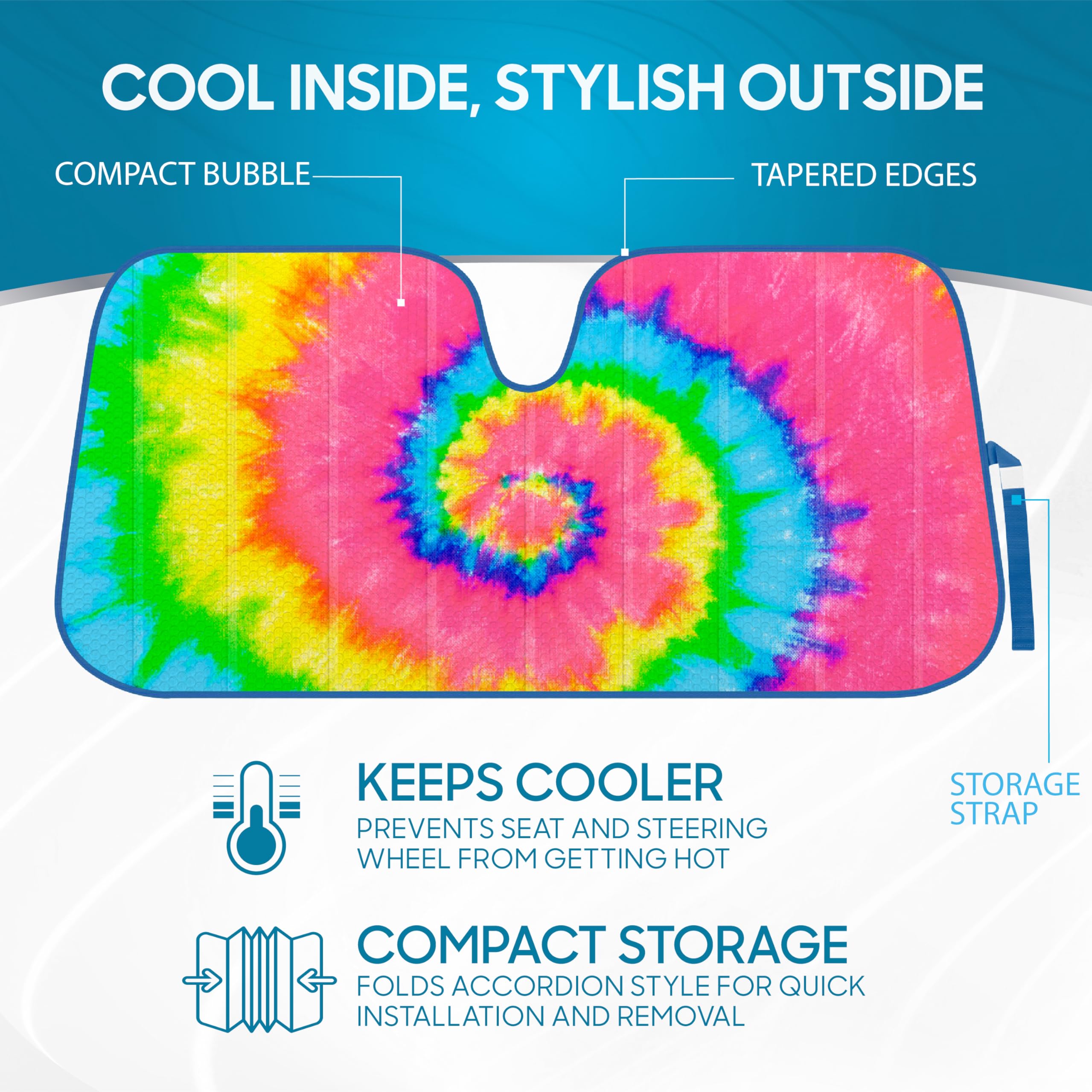 Bdk Colorful Rainbow Tie Dye Windshield Sunshade For Cars - Multi-Colored Double Bubble Accordion Folding Sun Shade For Car Truc