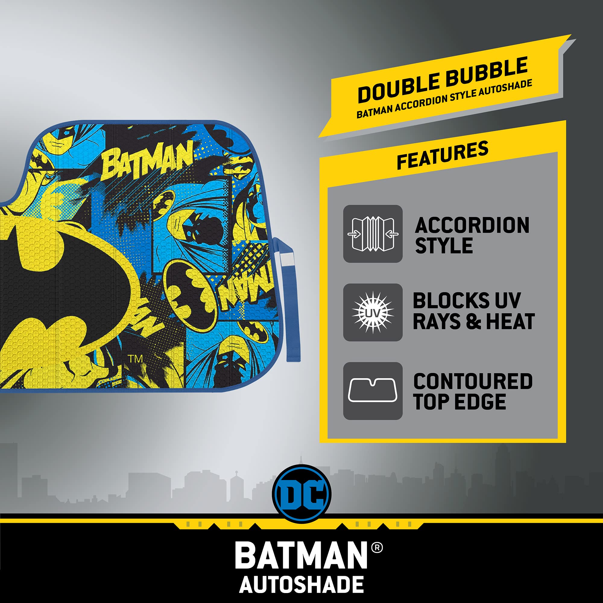 Bdk Warner Bros Dc Comics Classic Batman Car Window Shades - Accordion Folding Windshield Sun Shade - Double Bubble 58 X 27 In -