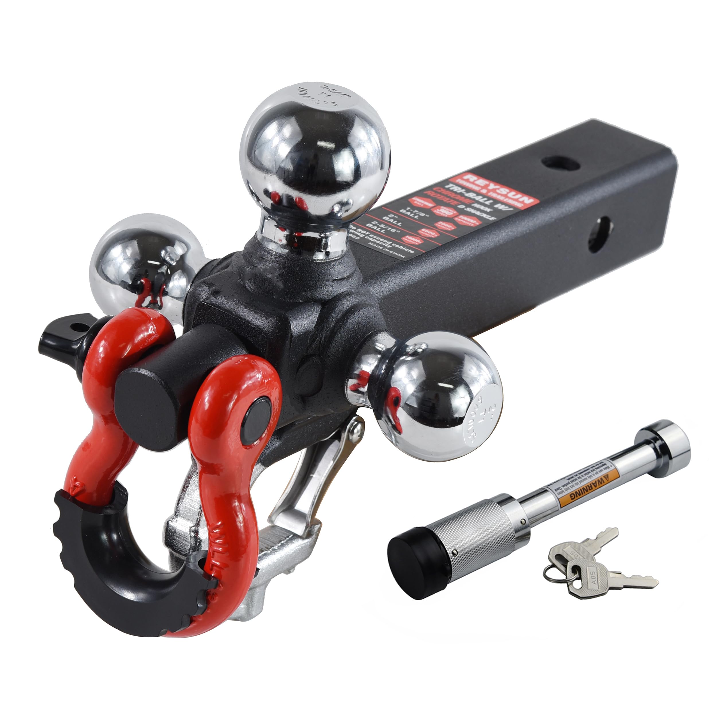 Reysun Trailer Hitch Tri-Ball Mount: With Swivel Tow Shackle And Tow Hook, Fits For 2-Inch Receiver, Chrome Trailer Ball Size 1-