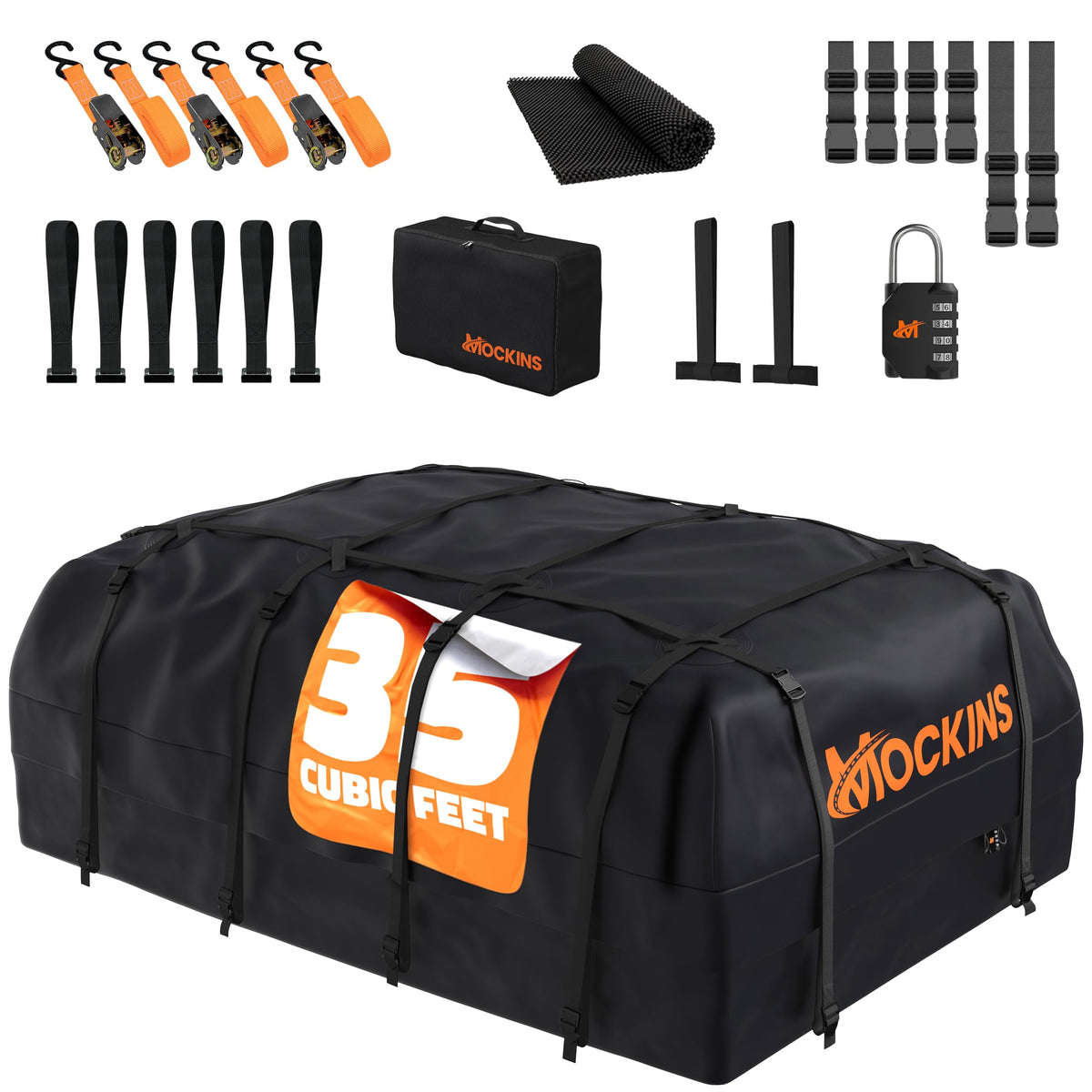 Mockins 35 Cu.Ft. Black Waterproof Rooftop Cargo Carrier Bag | 60''x42''x24'' Car Roof Bag for Use with or w/o Roof Rack | Car T