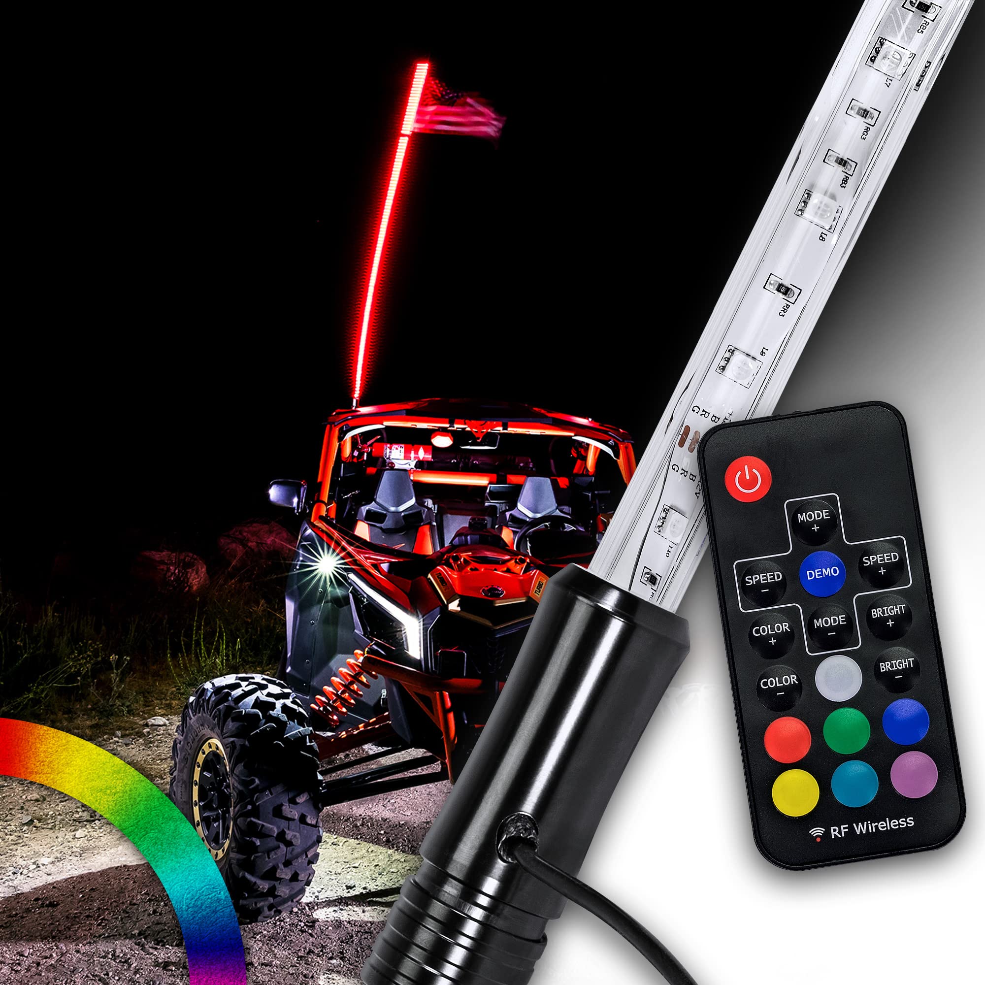 True Mods 5ft RGB LED Whip Light for UTV ATV [RF Wireless Remote] USA Flag Waterproof LED Lighted Whip CB Antenna Pole Stick for